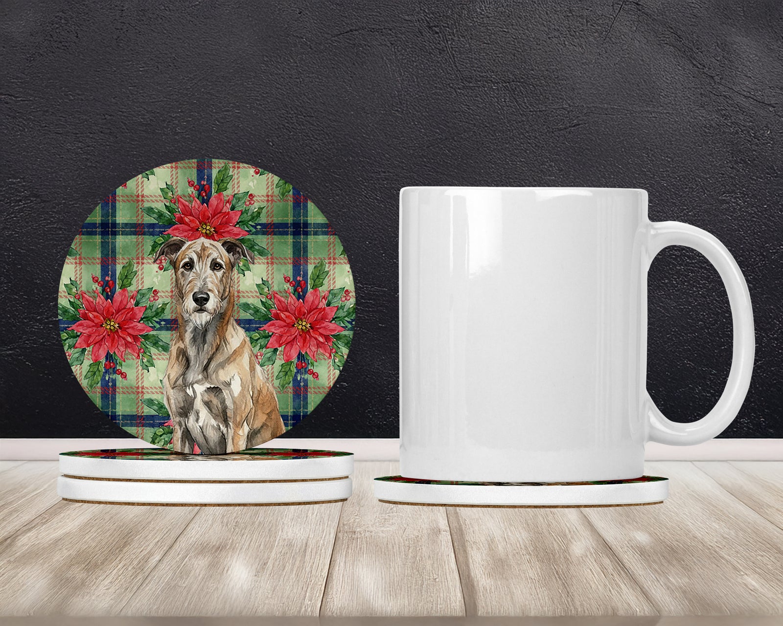 Caroline's Treasures Brindle Irish Wolfhound Christmas PoinsettIas Large Sandstone Coasters Pack of 4