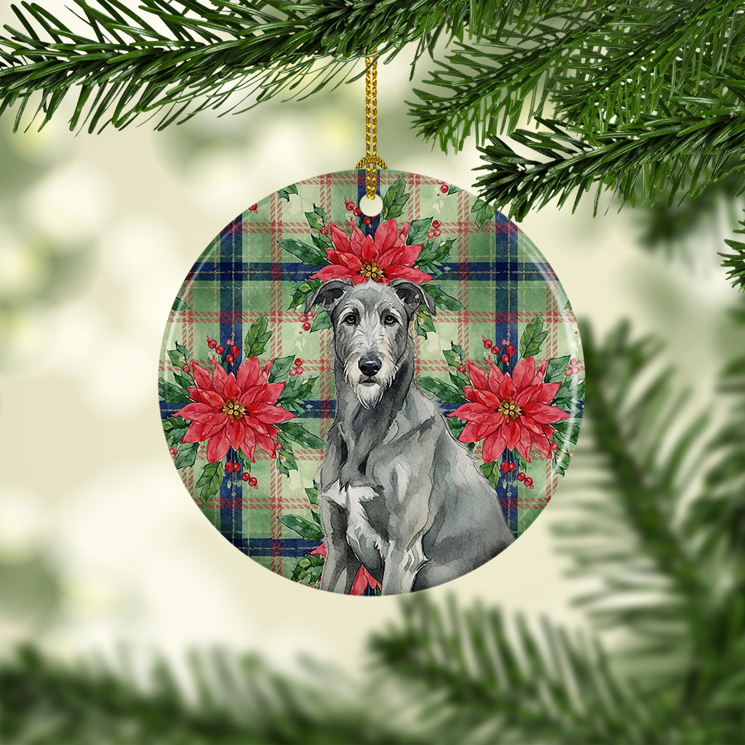 Caroline's Treasures Gray Irish Wolfhound Christmas PoinsettIas Ceramic Ornament