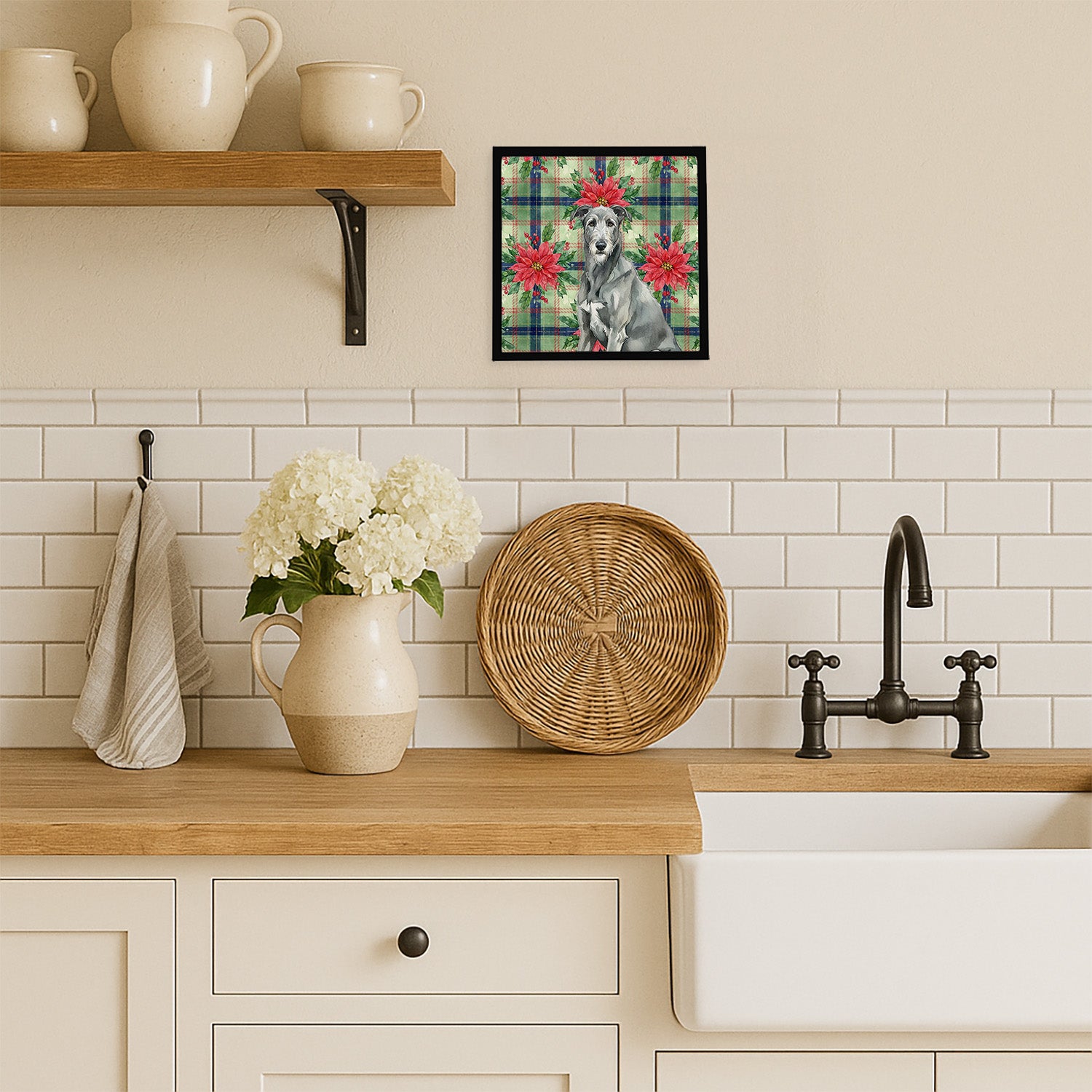 Caroline's Treasures Gray Irish Wolfhound Christmas PoinsettIas Framed Metal Print