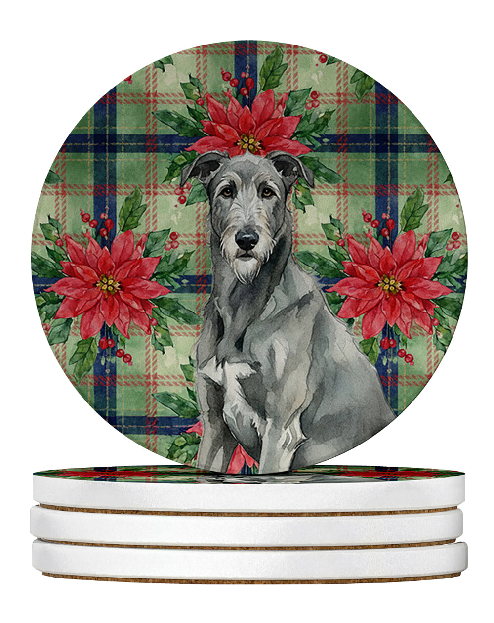 Caroline's Treasures Gray Irish Wolfhound Christmas PoinsettIas Large Sandstone Coasters Pack of 4