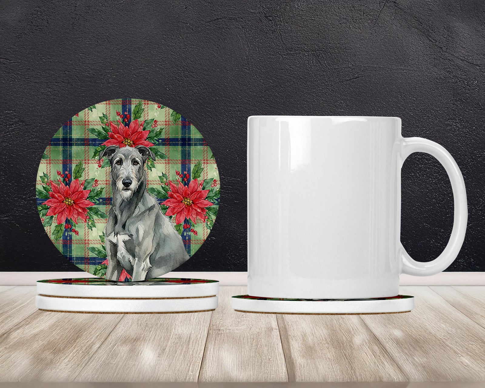 Caroline's Treasures Gray Irish Wolfhound Christmas PoinsettIas Large Sandstone Coasters Pack of 4