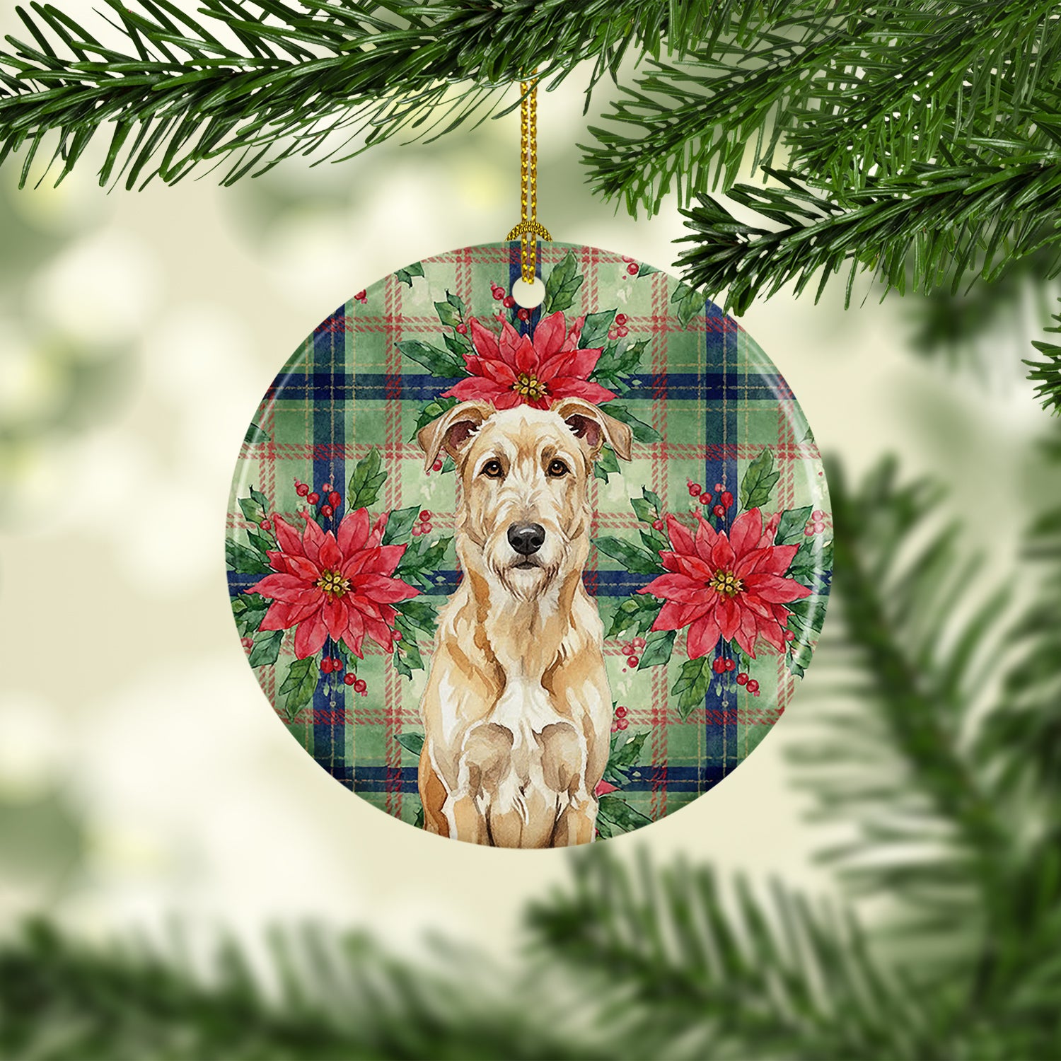 Caroline's Treasures Wheaten Irish Wolfhound Christmas PoinsettIas Ceramic Ornament