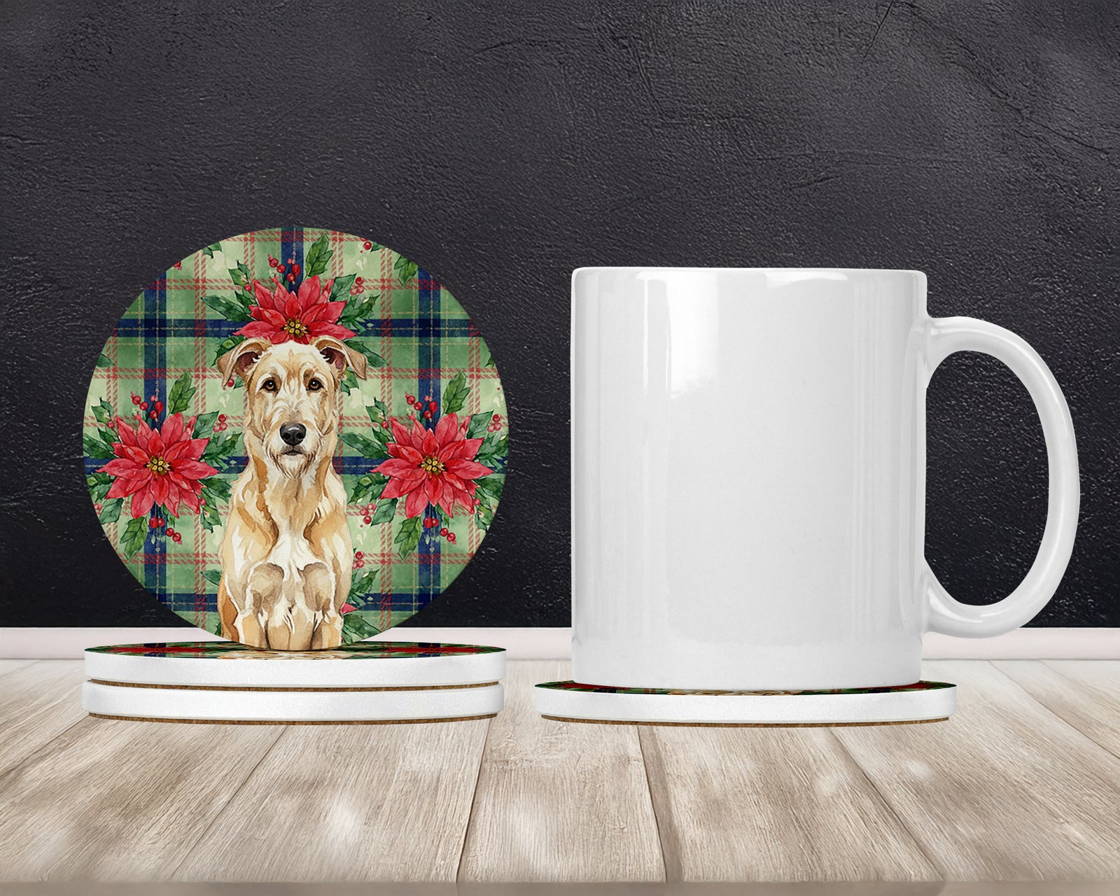 Caroline's Treasures Wheaten Irish Wolfhound Christmas PoinsettIas Large Sandstone Coasters Pack of 4
