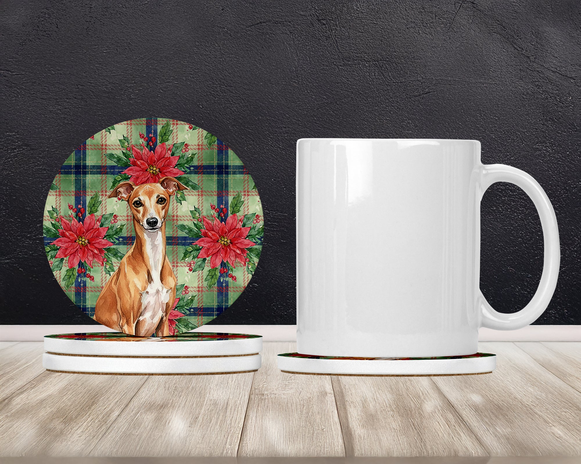 Caroline's Treasures Red Italian Greyhound Christmas PoinsettIas Large Sandstone Coasters Pack of 4