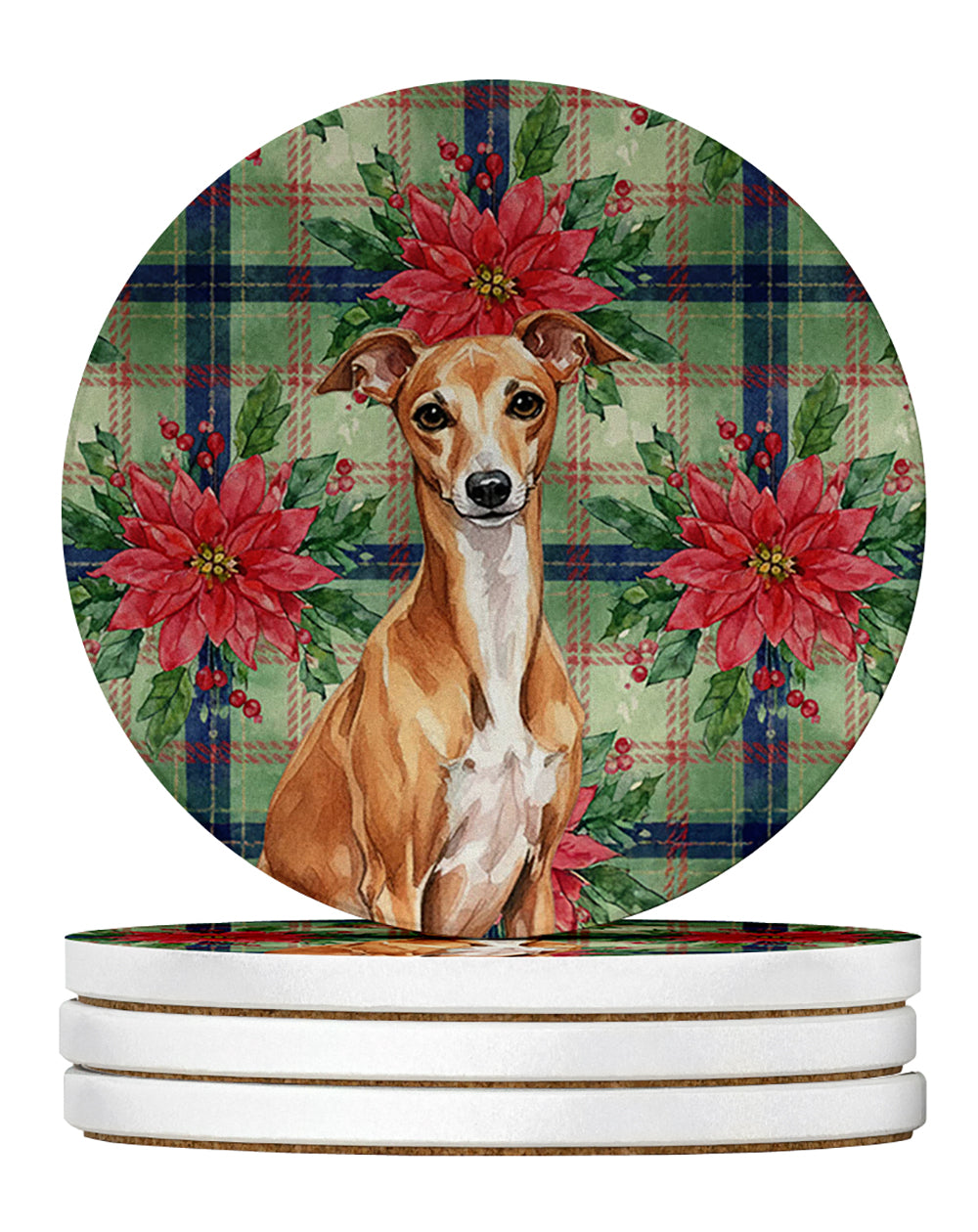 Caroline's Treasures Red Italian Greyhound Christmas PoinsettIas Large Sandstone Coasters Pack of 4