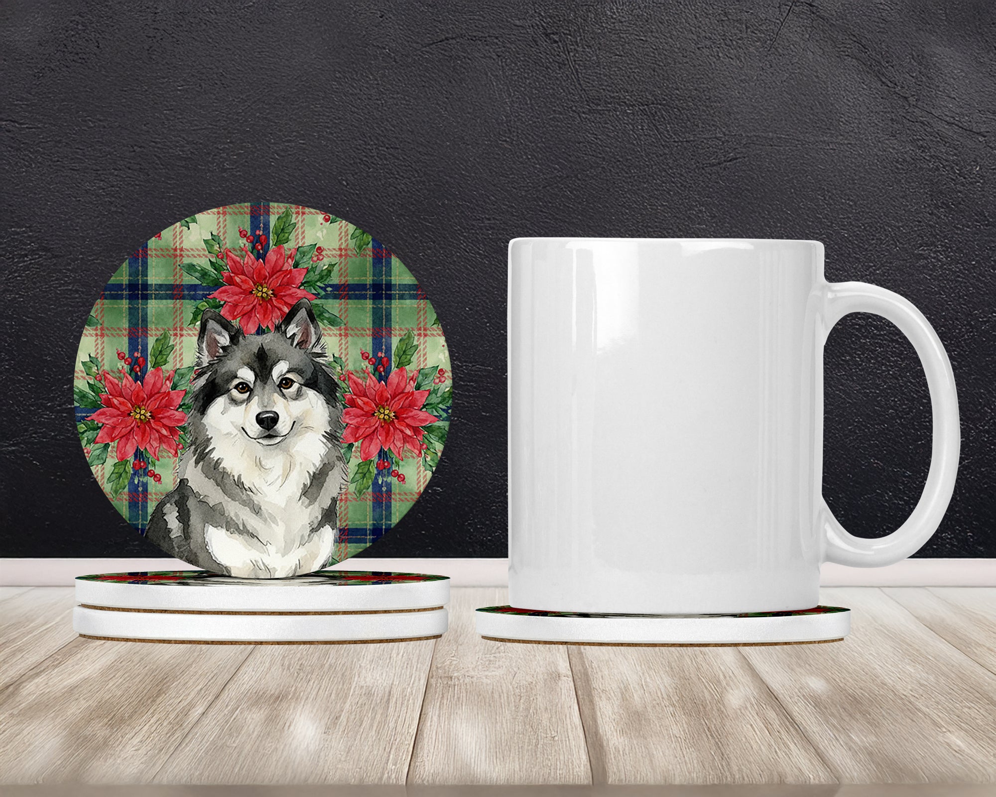 Caroline's Treasures Keeshond Christmas PoinsettIas Large Sandstone Coasters Pack of 4