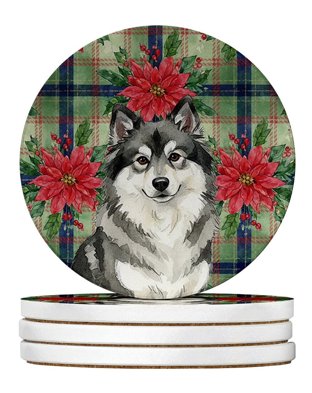 Caroline's Treasures Keeshond Christmas PoinsettIas Large Sandstone Coasters Pack of 4