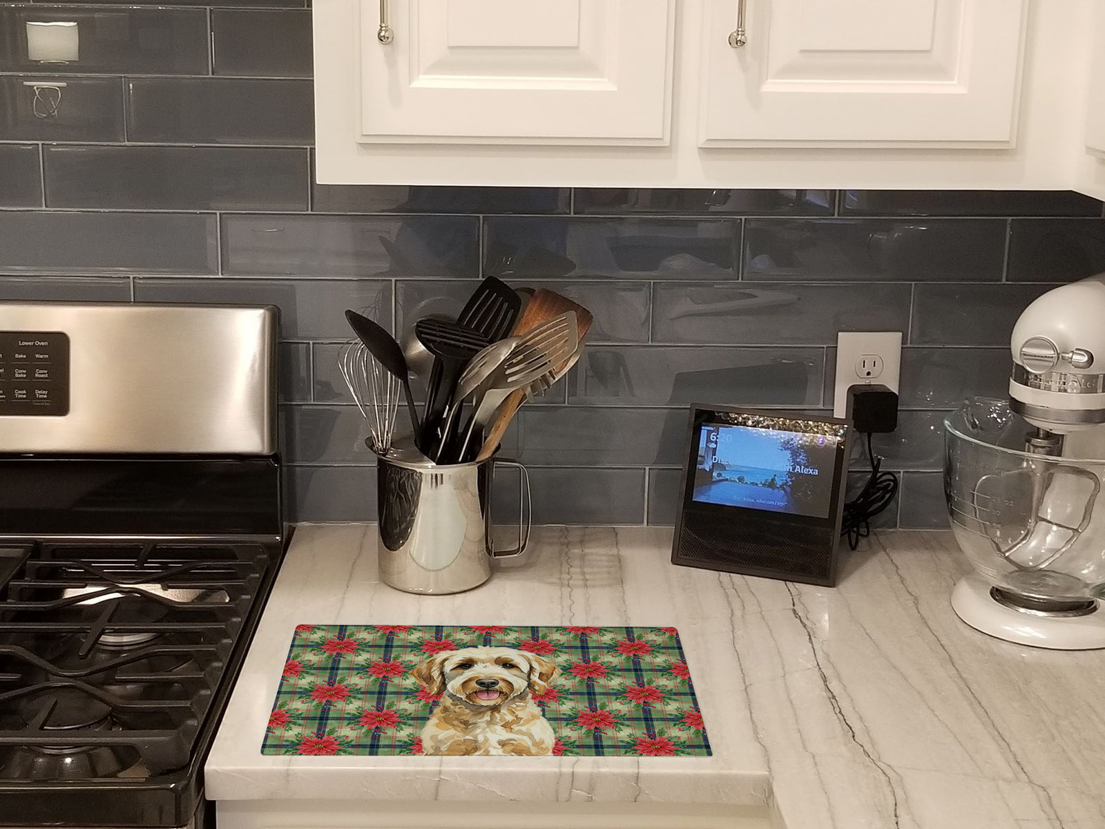 Caroline's Treasures Labradoodle Christmas PoinsettIas Glass Cutting Board