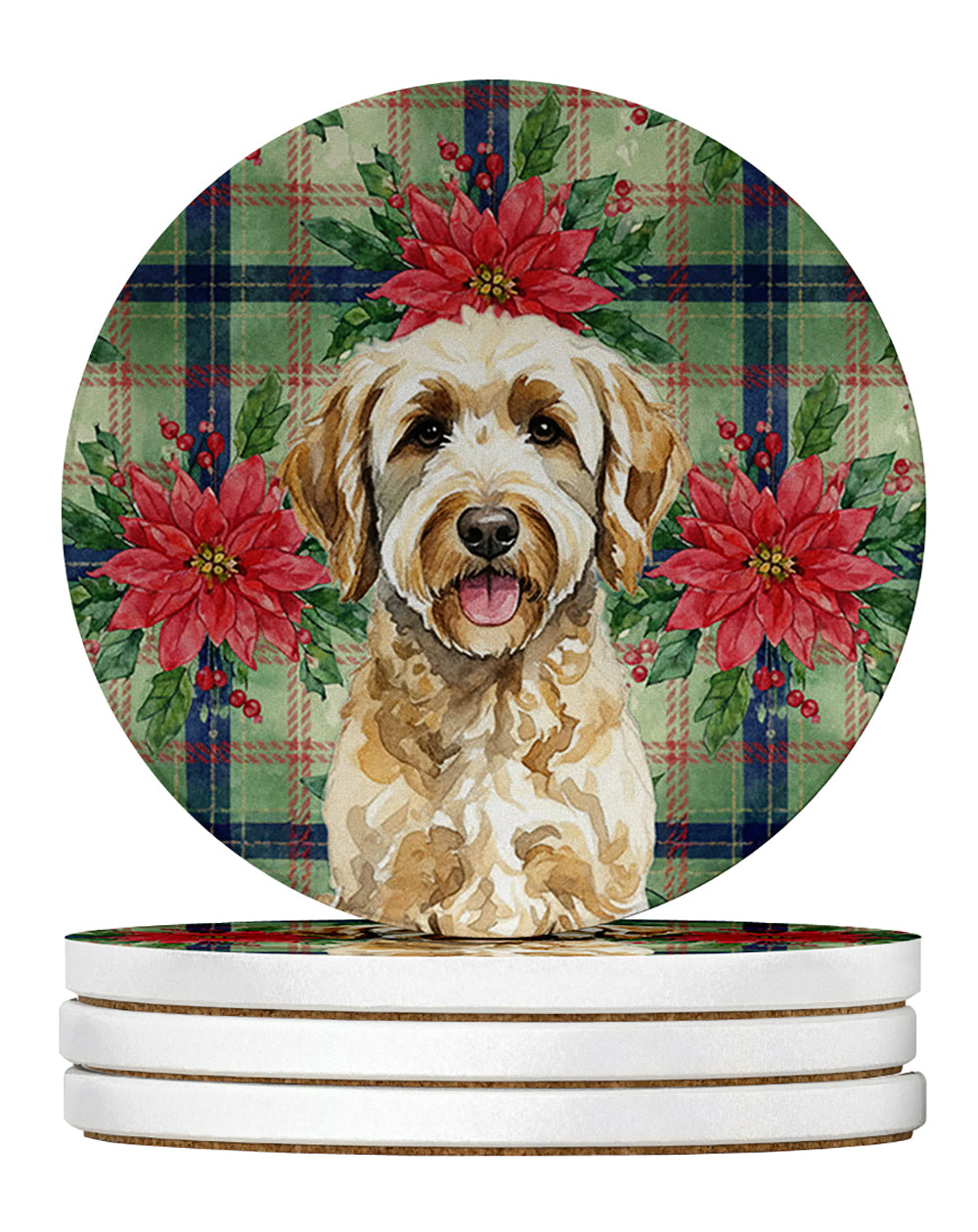Caroline's Treasures Labradoodle Christmas PoinsettIas Large Sandstone Coasters Pack of 4