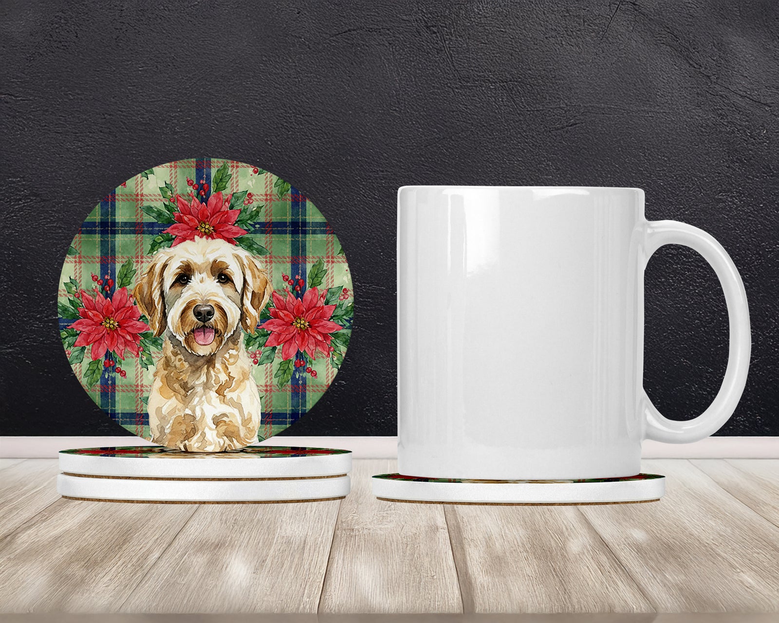 Caroline's Treasures Labradoodle Christmas PoinsettIas Large Sandstone Coasters Pack of 4