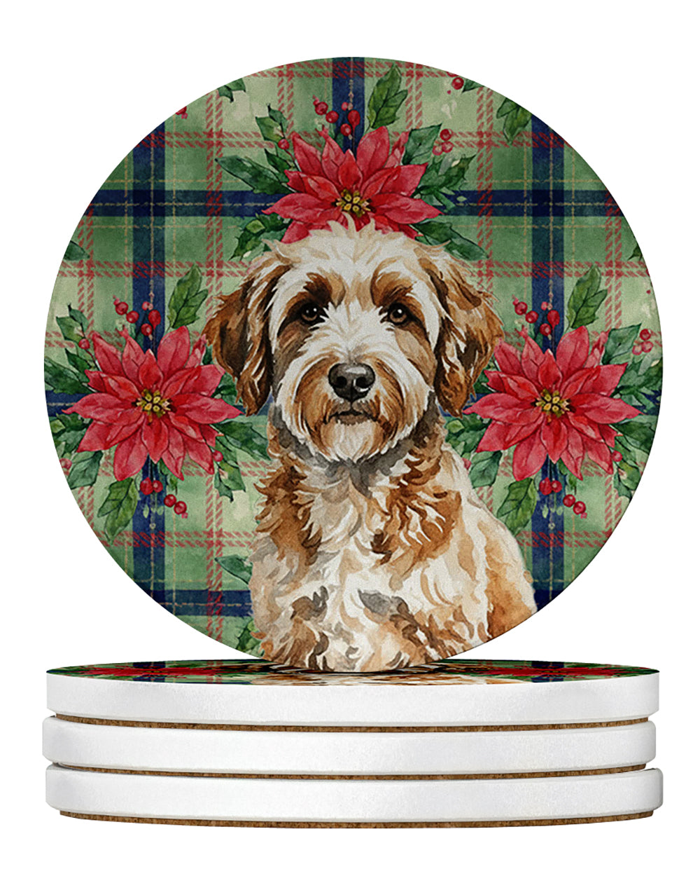 Caroline's Treasures Lagotto Romagnolo Christmas PoinsettIas Large Sandstone Coasters Pack of 4