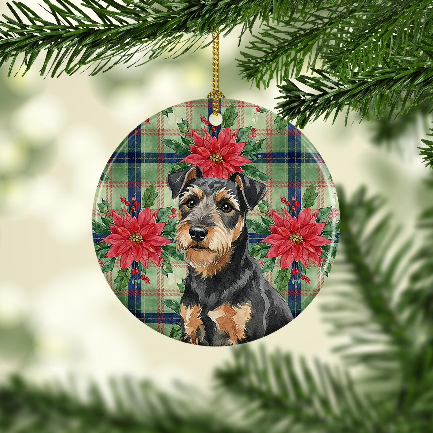 Caroline's Treasures Black and Tan Lakeland Terrier Christmas PoinsettIas Ceramic Ornament