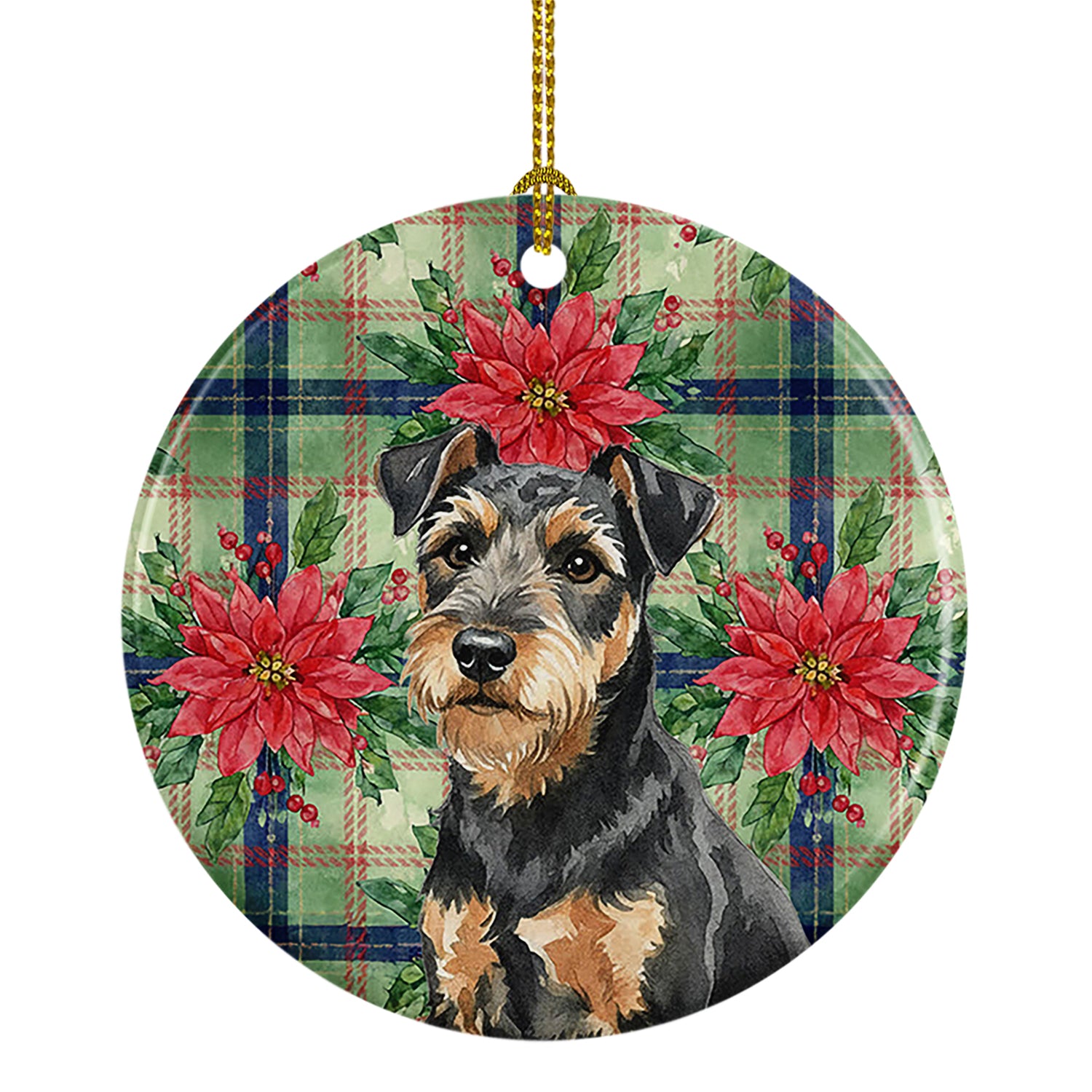Caroline's Treasures Black and Tan Lakeland Terrier Christmas PoinsettIas Ceramic Ornament