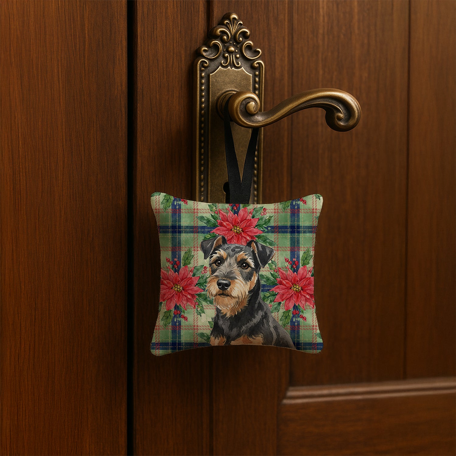 Caroline's Treasures Black and Tan Lakeland Terrier Christmas PoinsettIas Hanging Square Fabric Ornament 3.5 x 3.5