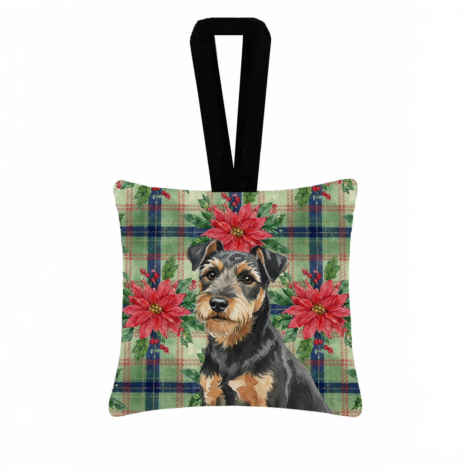 Caroline's Treasures Black and Tan Lakeland Terrier Christmas PoinsettIas Hanging Square Fabric Ornament 3.5 x 3.5
