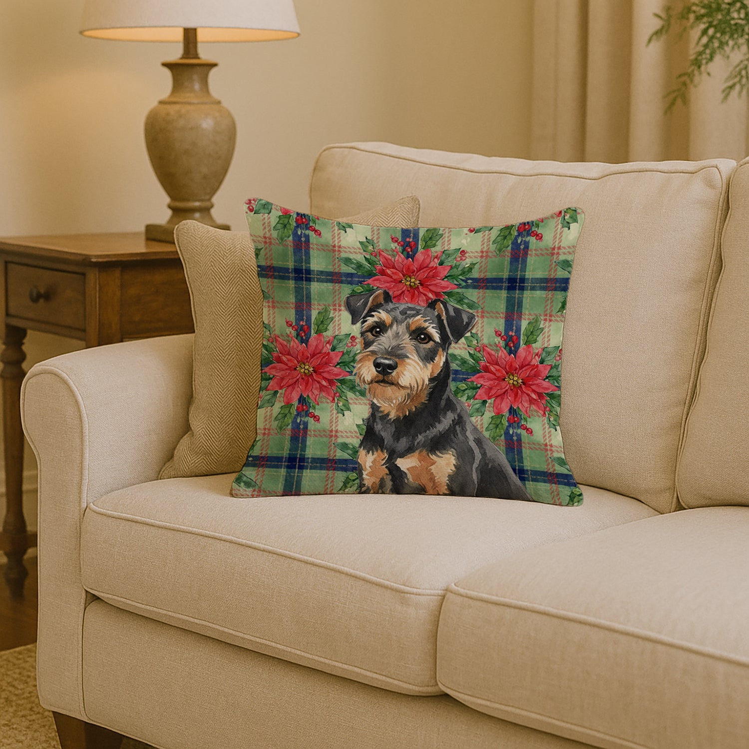 Caroline's Treasures Black and Tan Lakeland Terrier Christmas PoinsettIas Throw Pillow