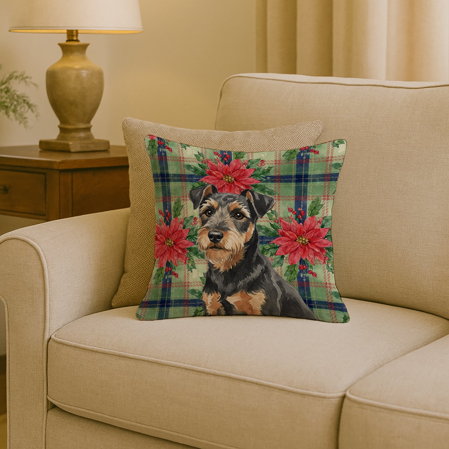 Caroline's Treasures Black and Tan Lakeland Terrier Christmas PoinsettIas Throw Pillow
