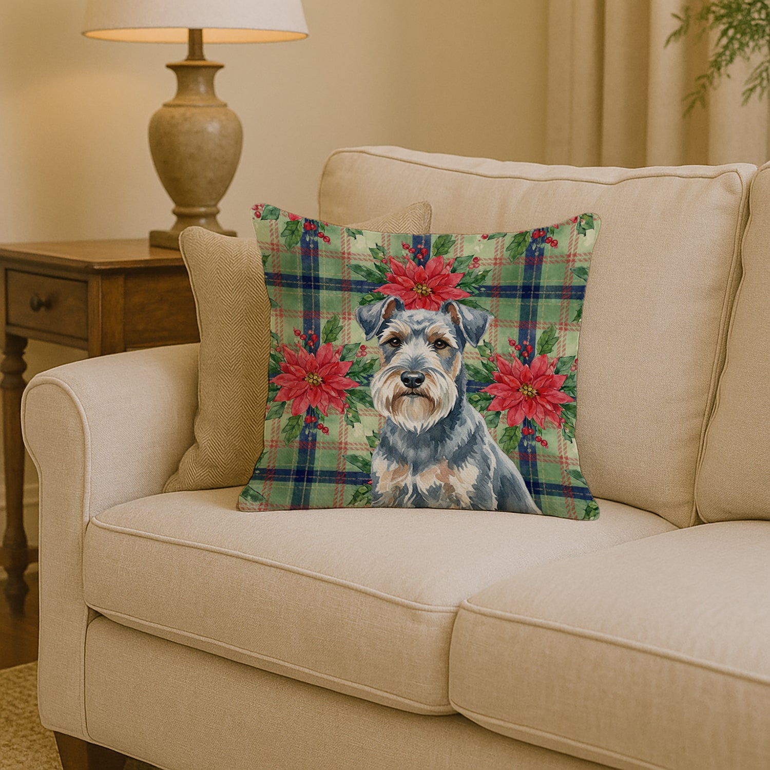 Caroline's Treasures Blue Lakeland Terrier Christmas PoinsettIas Throw Pillow