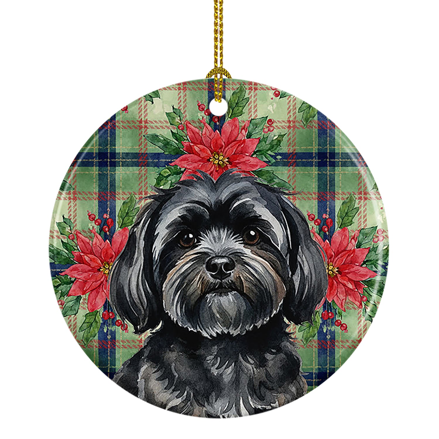 Caroline's Treasures Black Lhasa Apso Christmas PoinsettIas Ceramic Ornament