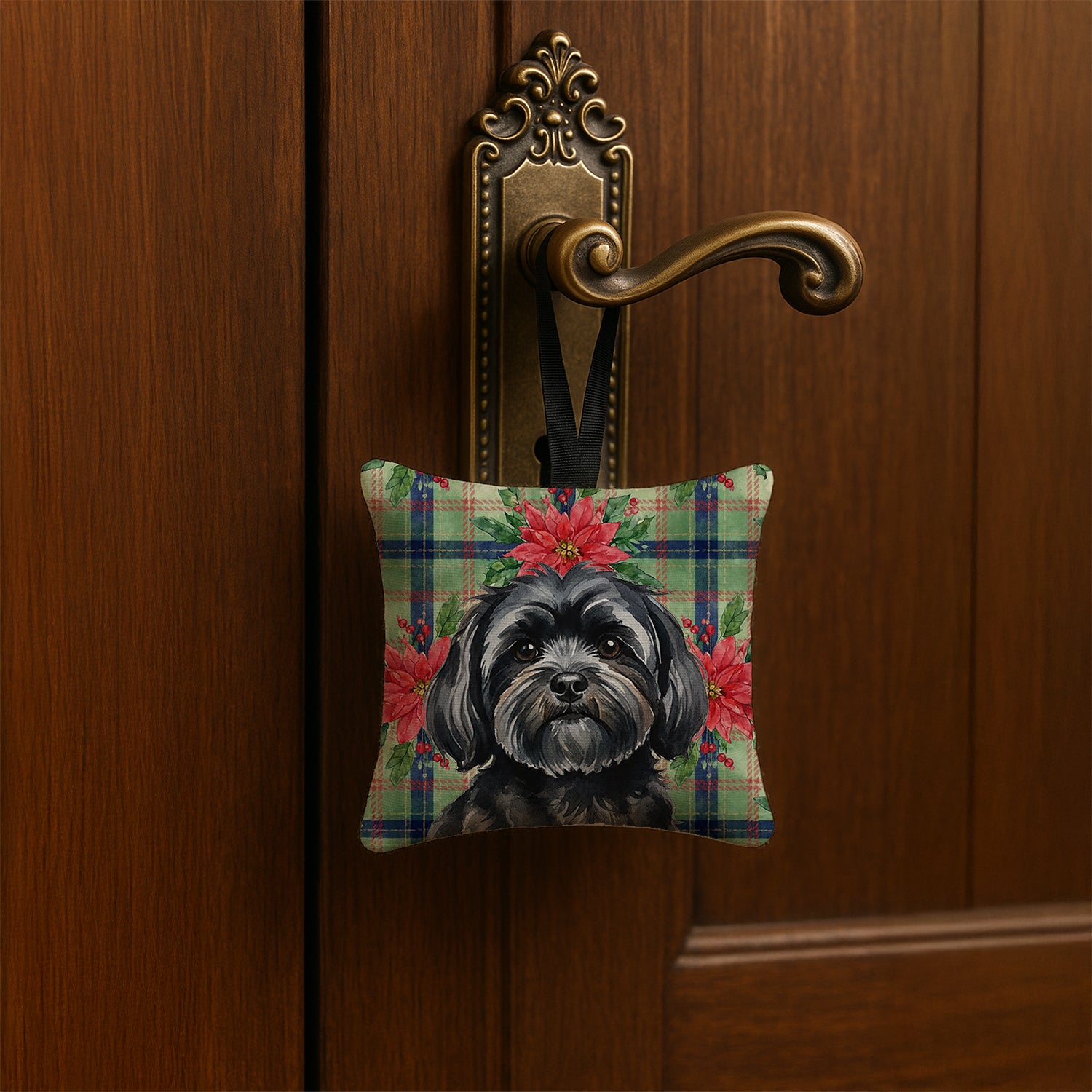 Caroline's Treasures Black Lhasa Apso Christmas PoinsettIas Hanging Square Fabric Ornament 3.5 x 3.5