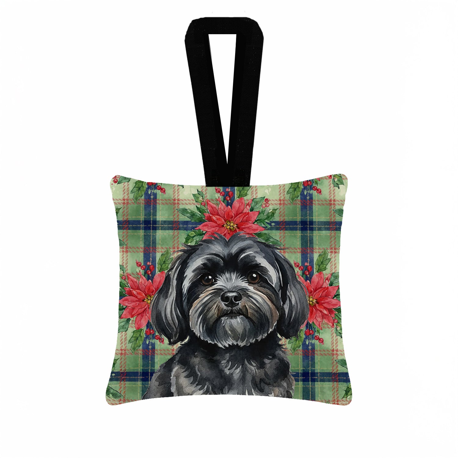 Caroline's Treasures Black Lhasa Apso Christmas PoinsettIas Hanging Square Fabric Ornament 3.5 x 3.5