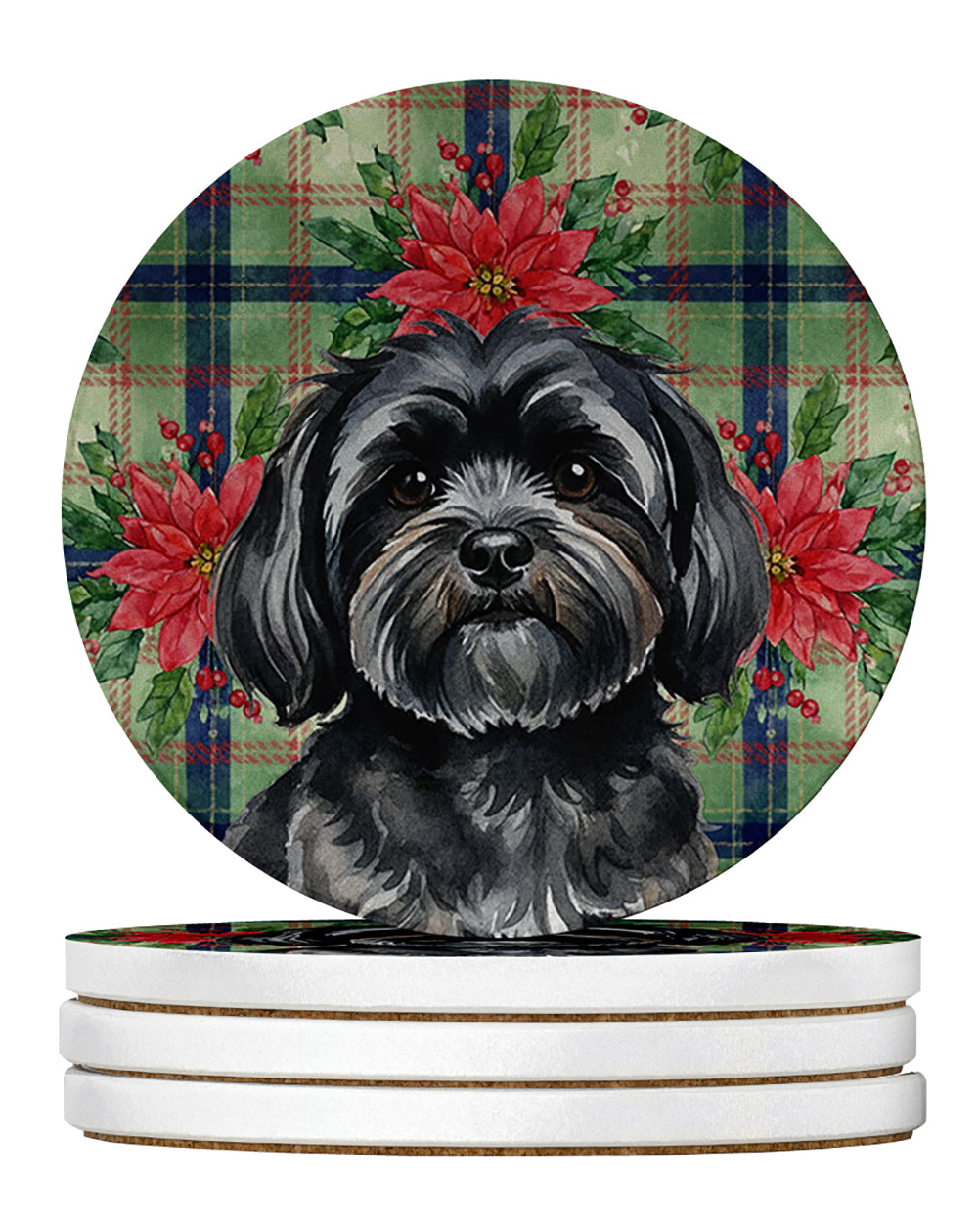 Caroline's Treasures Black Lhasa Apso Christmas PoinsettIas Large Sandstone Coasters Pack of 4