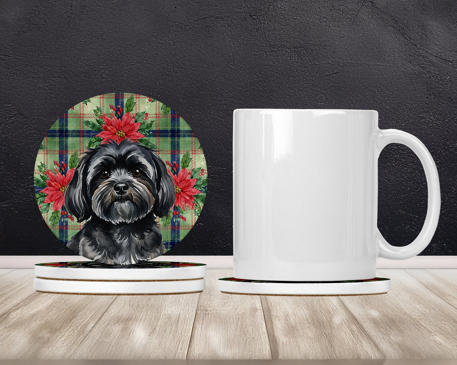 Caroline's Treasures Black Lhasa Apso Christmas PoinsettIas Large Sandstone Coasters Pack of 4