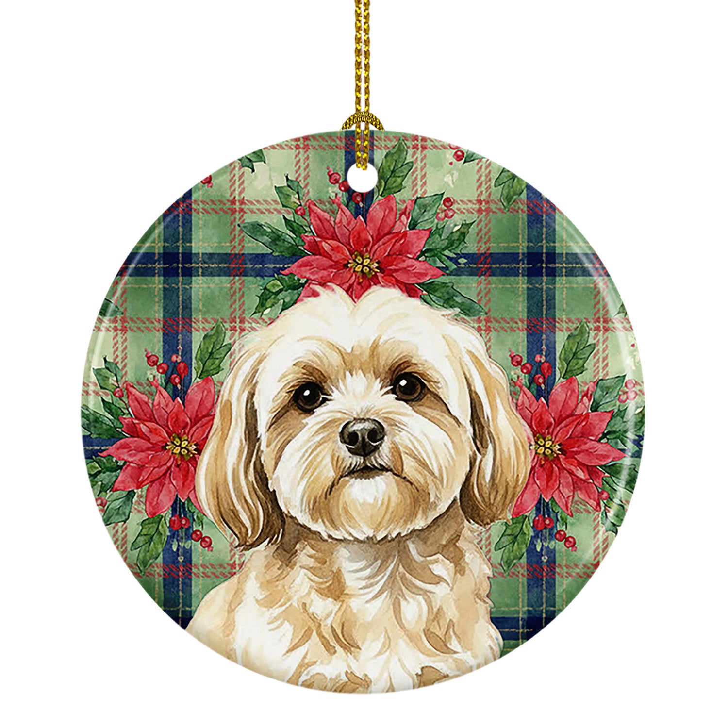 Caroline's Treasures Cream Lhasa Apso Christmas PoinsettIas Ceramic Ornament