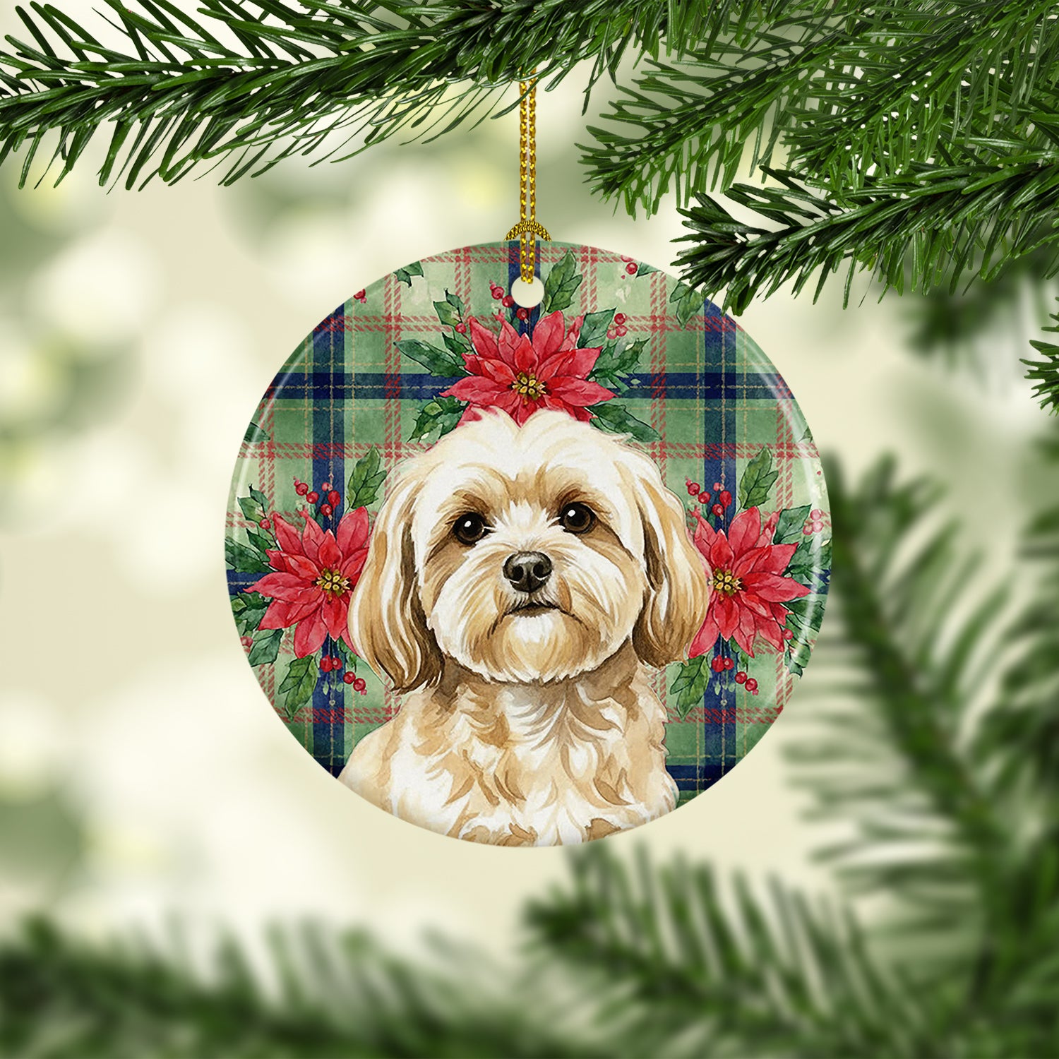 Caroline's Treasures Cream Lhasa Apso Christmas PoinsettIas Ceramic Ornament