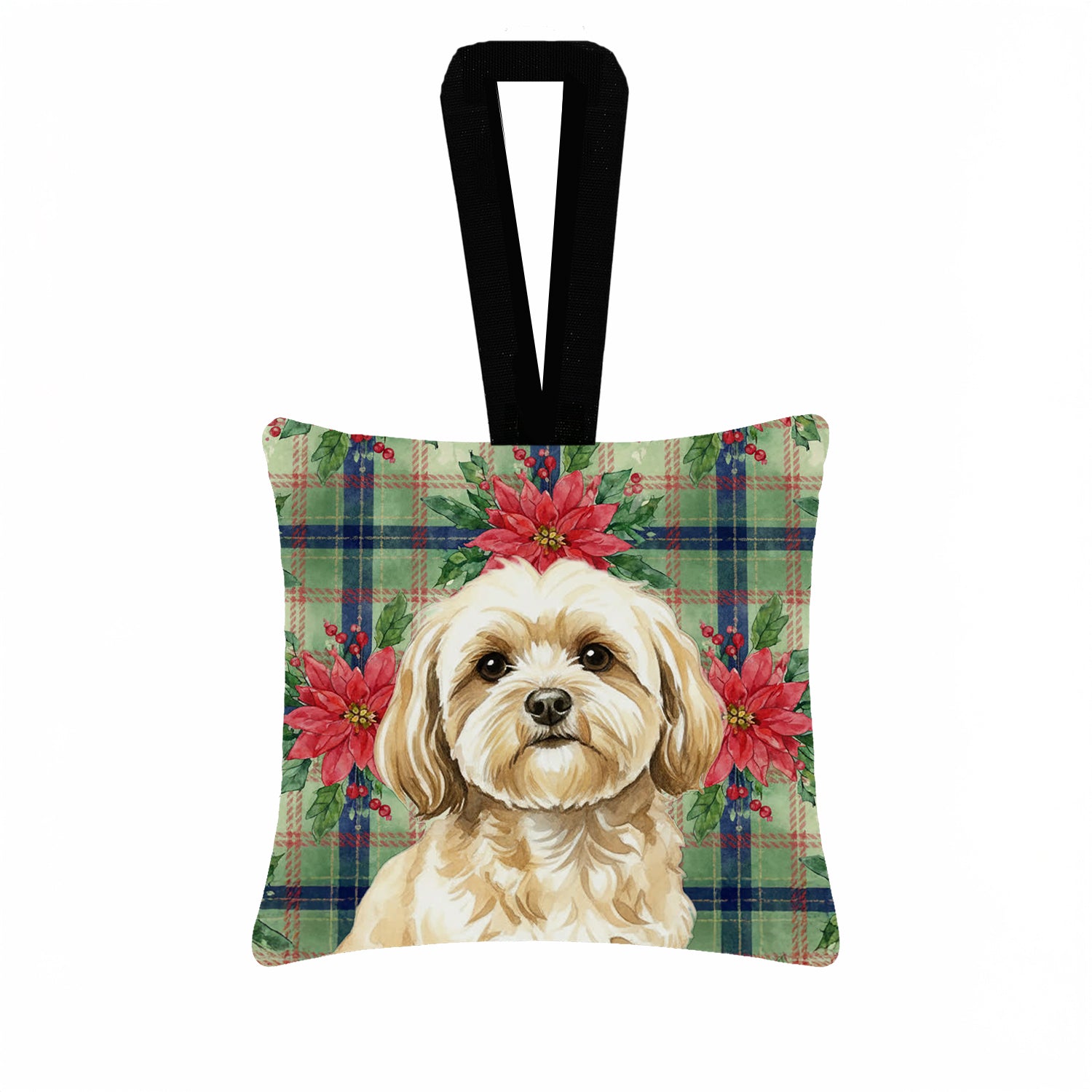 Caroline's Treasures Cream Lhasa Apso Christmas PoinsettIas Hanging Square Fabric Ornament 3.5 x 3.5