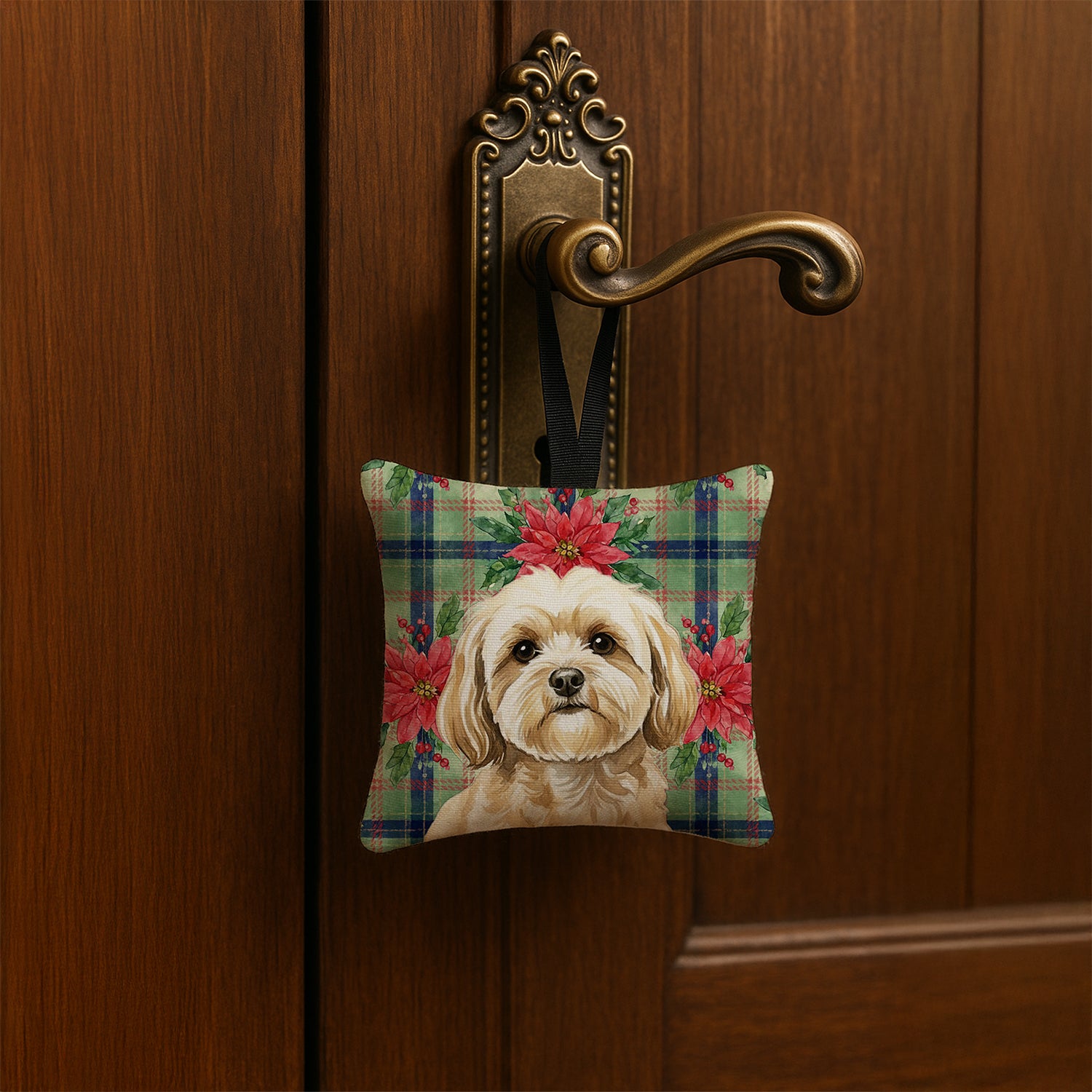 Caroline's Treasures Cream Lhasa Apso Christmas PoinsettIas Hanging Square Fabric Ornament 3.5 x 3.5