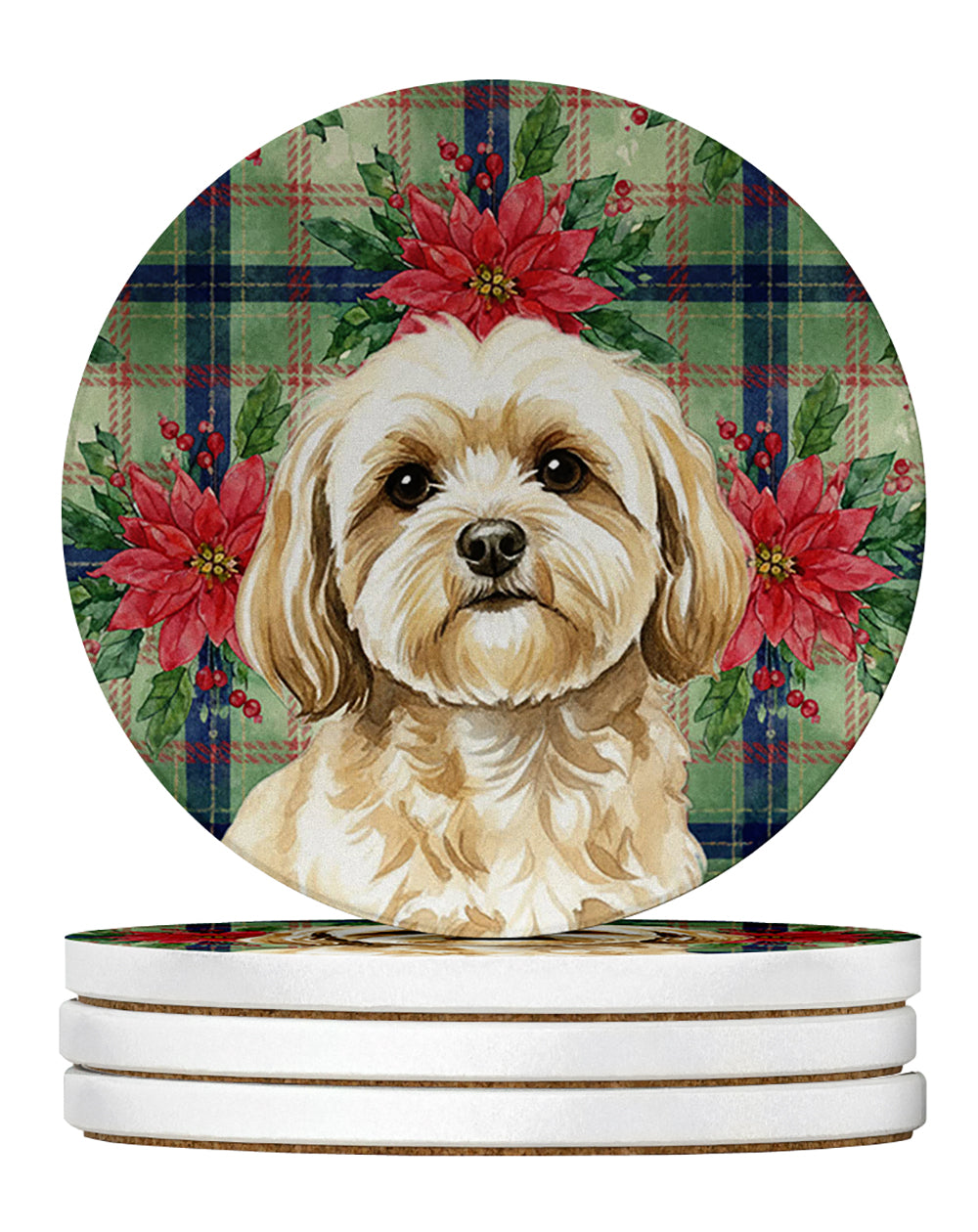 Caroline's Treasures Cream Lhasa Apso Christmas PoinsettIas Large Sandstone Coasters Pack of 4