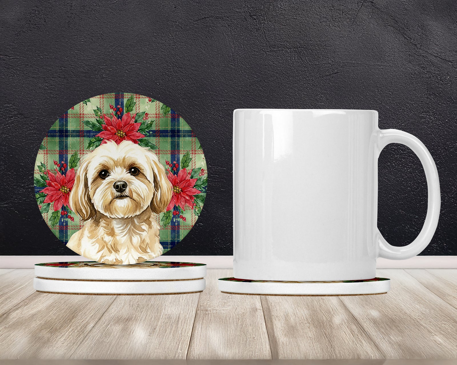 Caroline's Treasures Cream Lhasa Apso Christmas PoinsettIas Large Sandstone Coasters Pack of 4