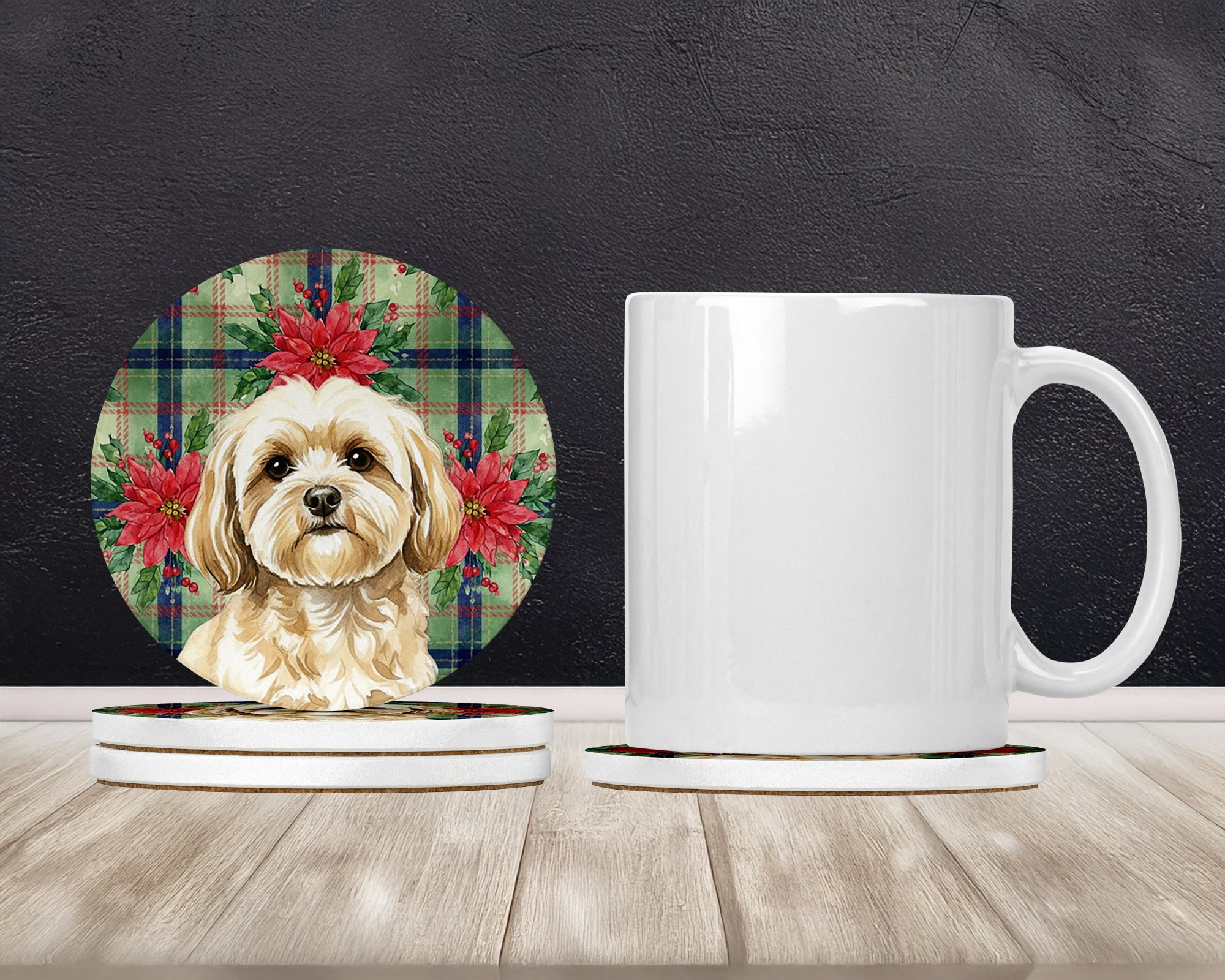Caroline's Treasures Cream Lhasa Apso Christmas PoinsettIas Large Sandstone Coasters Pack of 4