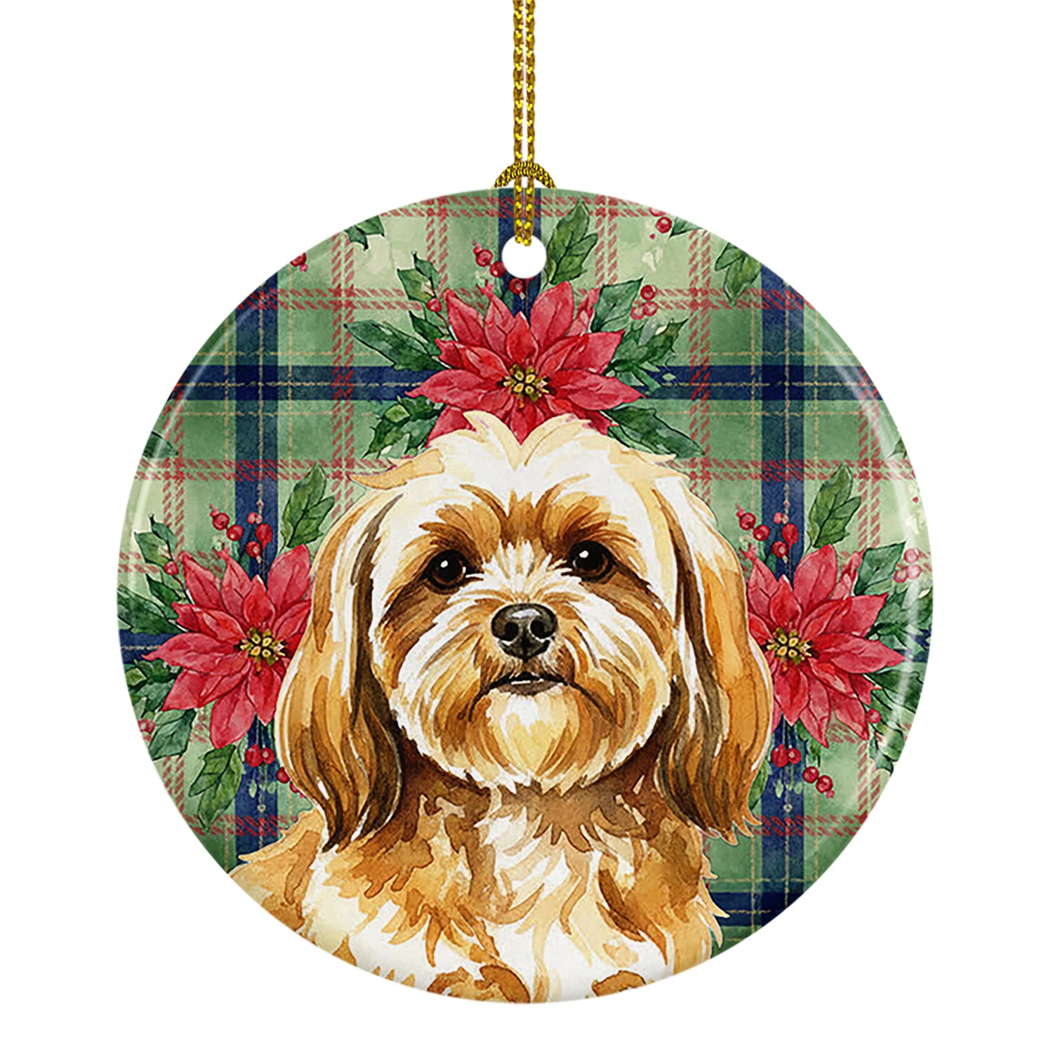 Caroline's Treasures Gold Lhasa Apso Christmas PoinsettIas Ceramic Ornament