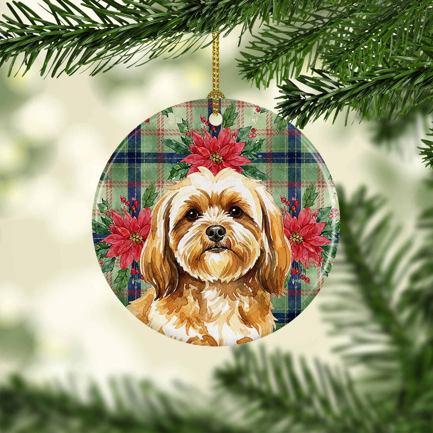 Caroline's Treasures Gold Lhasa Apso Christmas PoinsettIas Ceramic Ornament