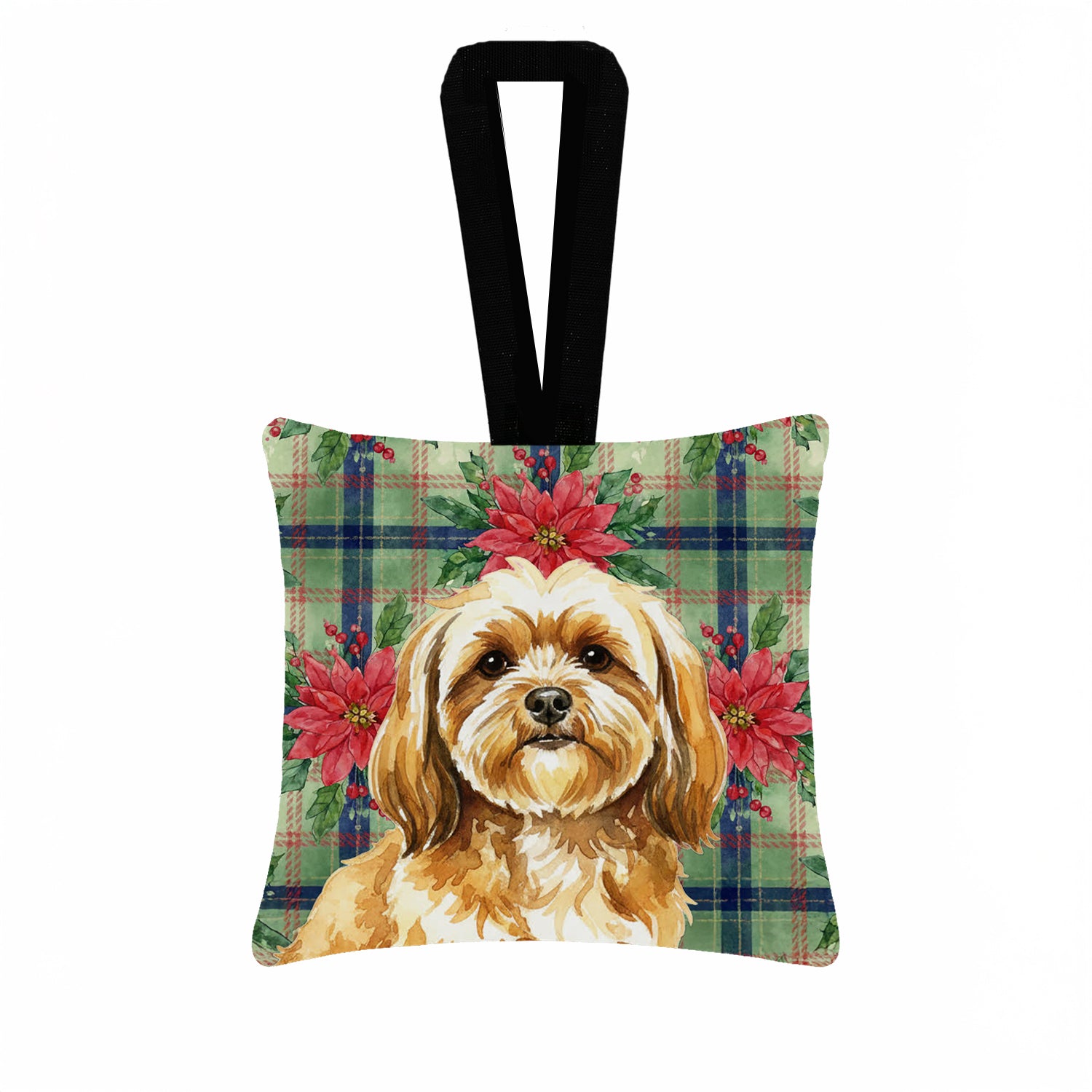 Caroline's Treasures Gold Lhasa Apso Christmas PoinsettIas Hanging Square Fabric Ornament 3.5 x 3.5