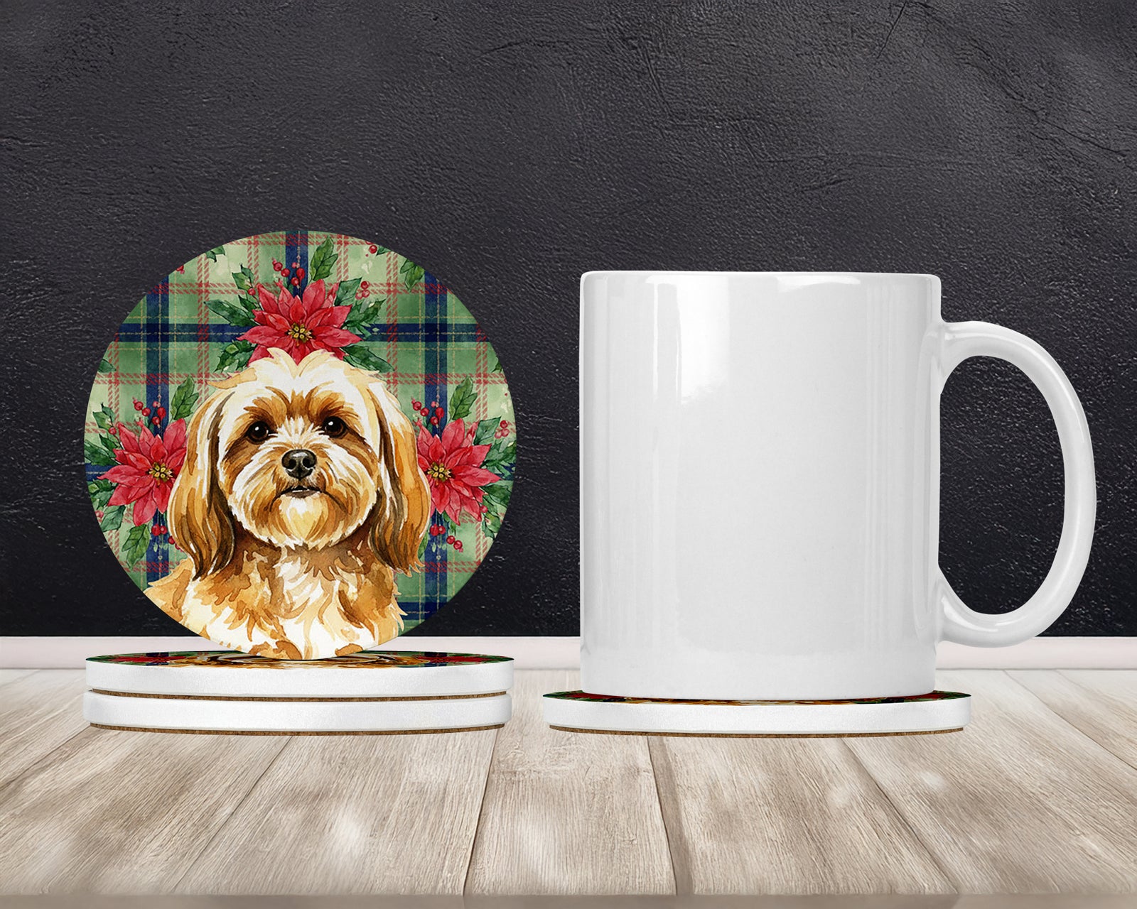 Caroline's Treasures Gold Lhasa Apso Christmas PoinsettIas Large Sandstone Coasters Pack of 4