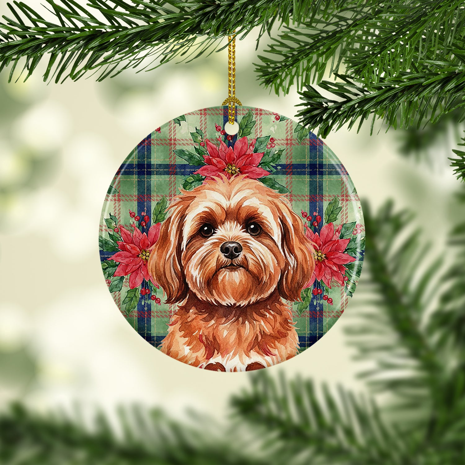 Caroline's Treasures Red Lhasa Apso Christmas PoinsettIas Ceramic Ornament