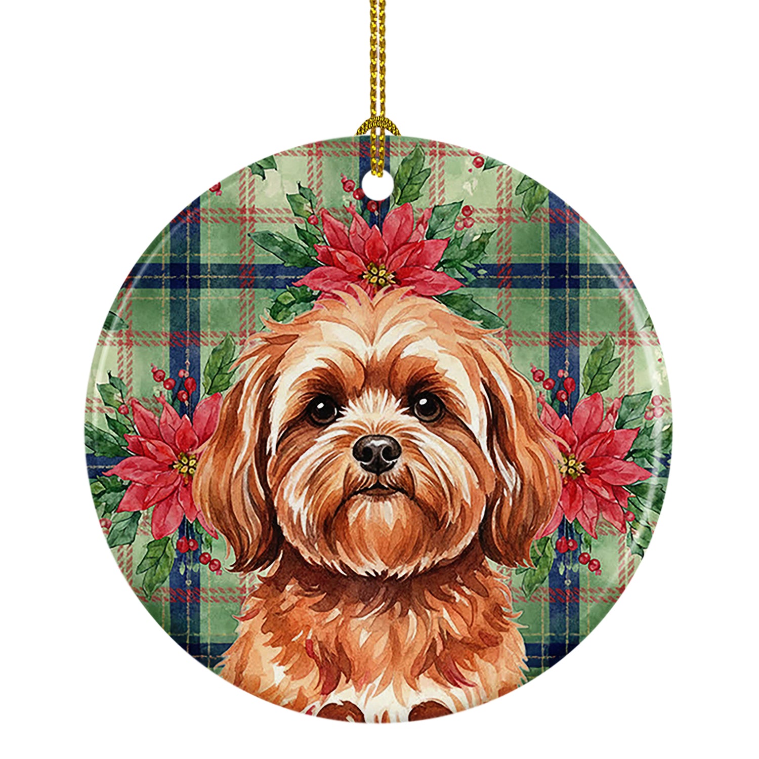 Caroline's Treasures Red Lhasa Apso Christmas PoinsettIas Ceramic Ornament