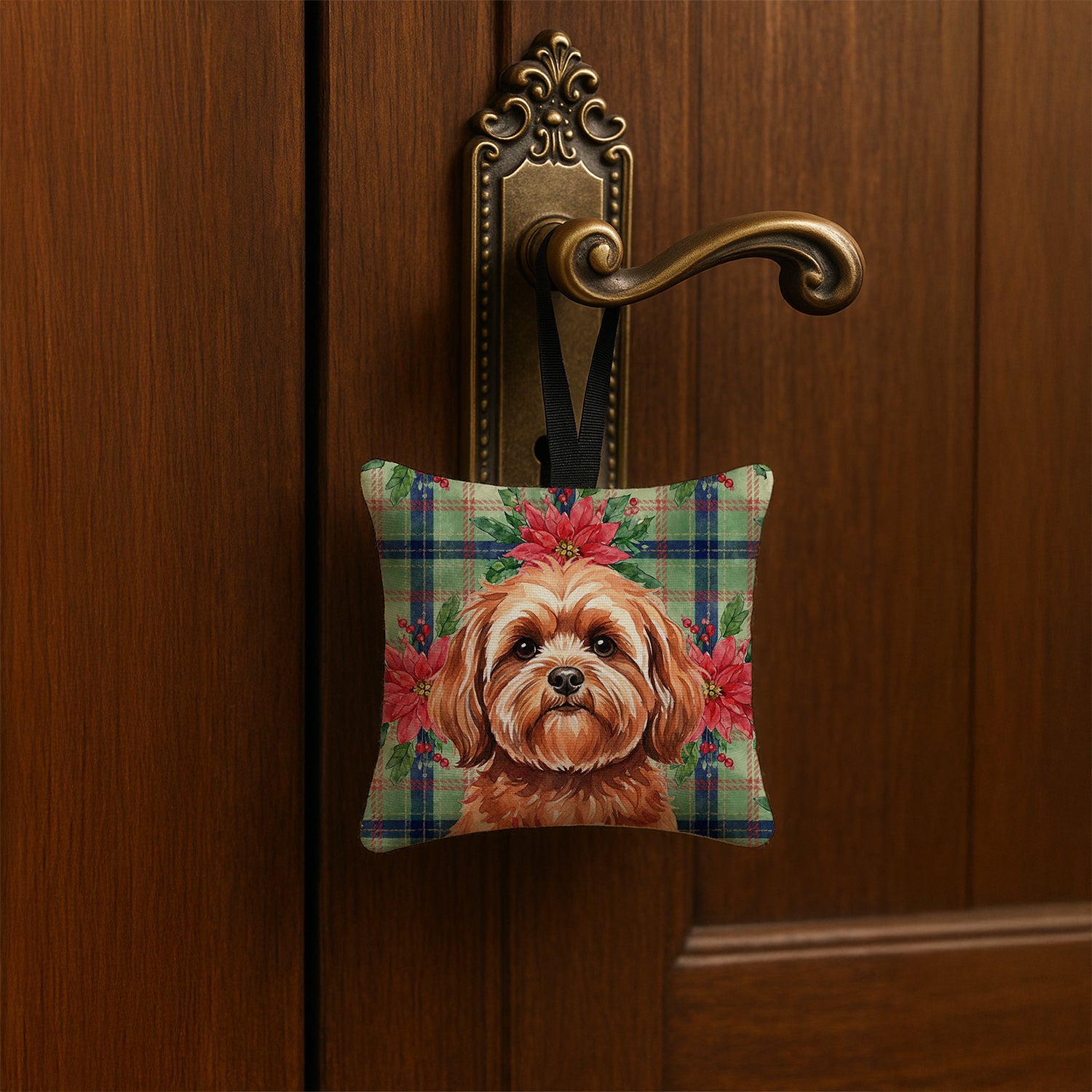 Caroline's Treasures Red Lhasa Apso Christmas PoinsettIas Hanging Square Fabric Ornament 3.5 x 3.5