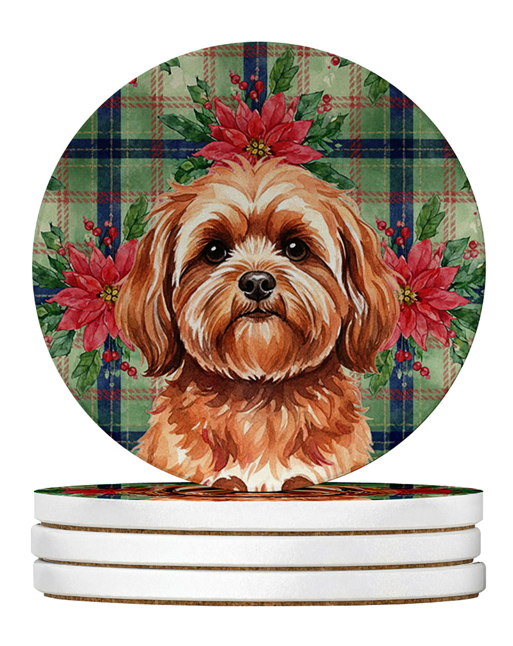 Caroline's Treasures Red Lhasa Apso Christmas PoinsettIas Large Sandstone Coasters Pack of 4