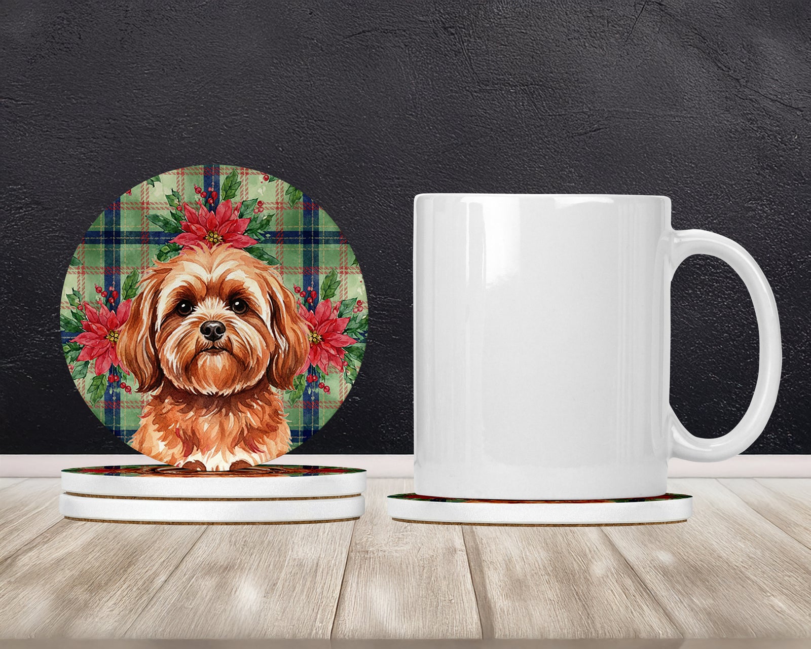Caroline's Treasures Red Lhasa Apso Christmas PoinsettIas Large Sandstone Coasters Pack of 4