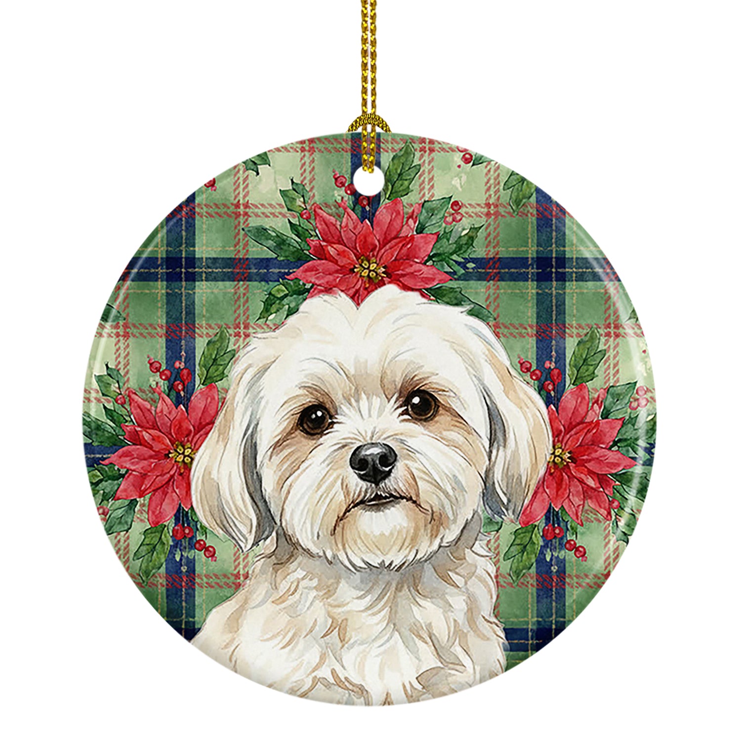 Caroline's Treasures White Lhasa Apso Christmas PoinsettIas Ceramic Ornament