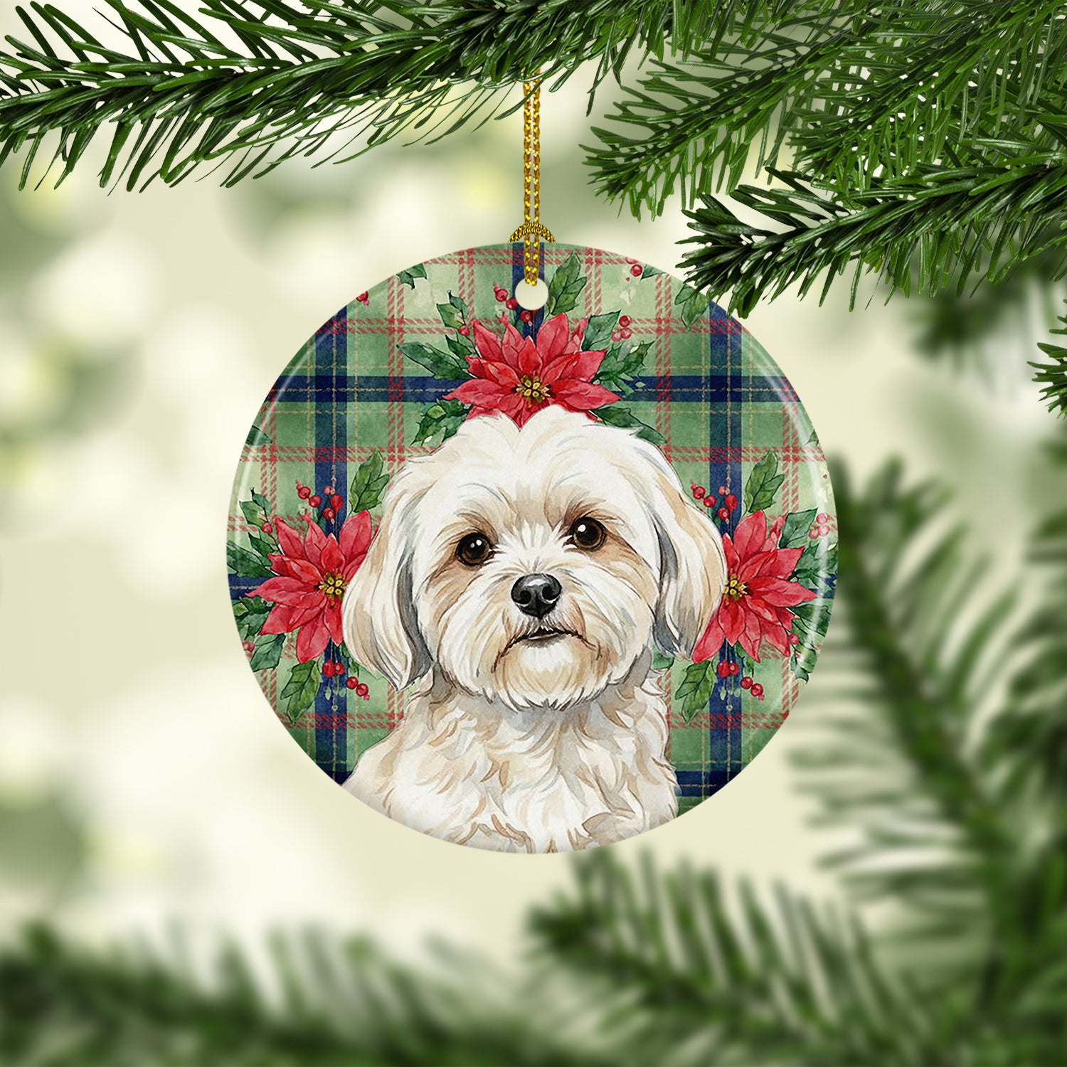 Caroline's Treasures White Lhasa Apso Christmas PoinsettIas Ceramic Ornament