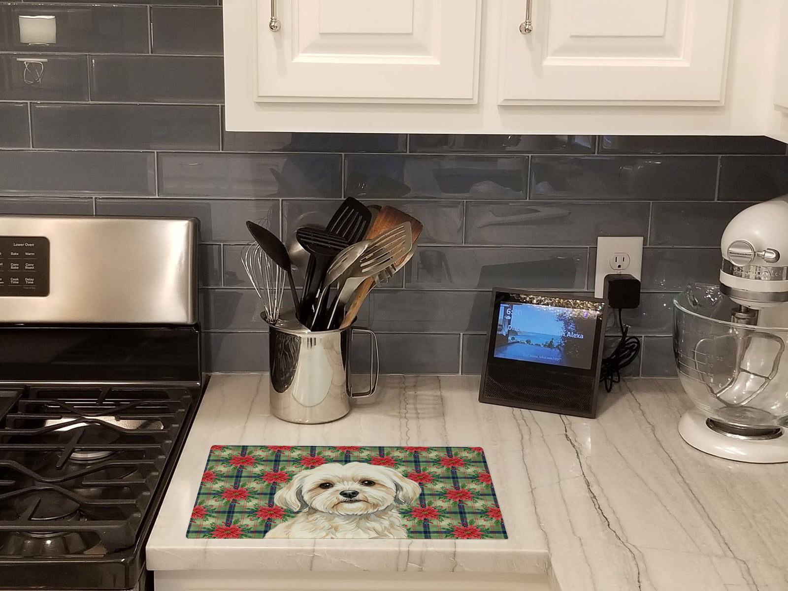 Caroline's Treasures White Lhasa Apso Christmas PoinsettIas Glass Cutting Board