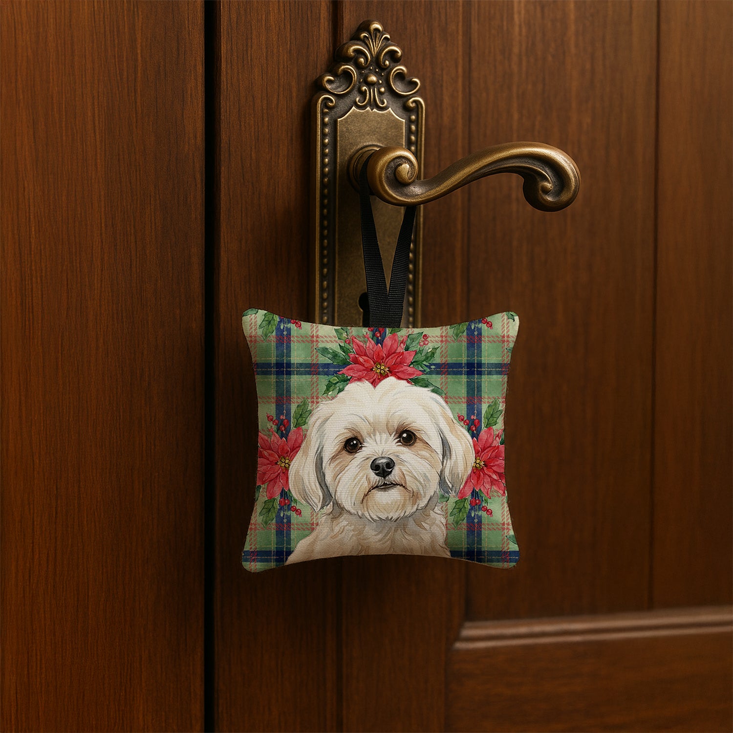 Caroline's Treasures White Lhasa Apso Christmas PoinsettIas Hanging Square Fabric Ornament 3.5 x 3.5
