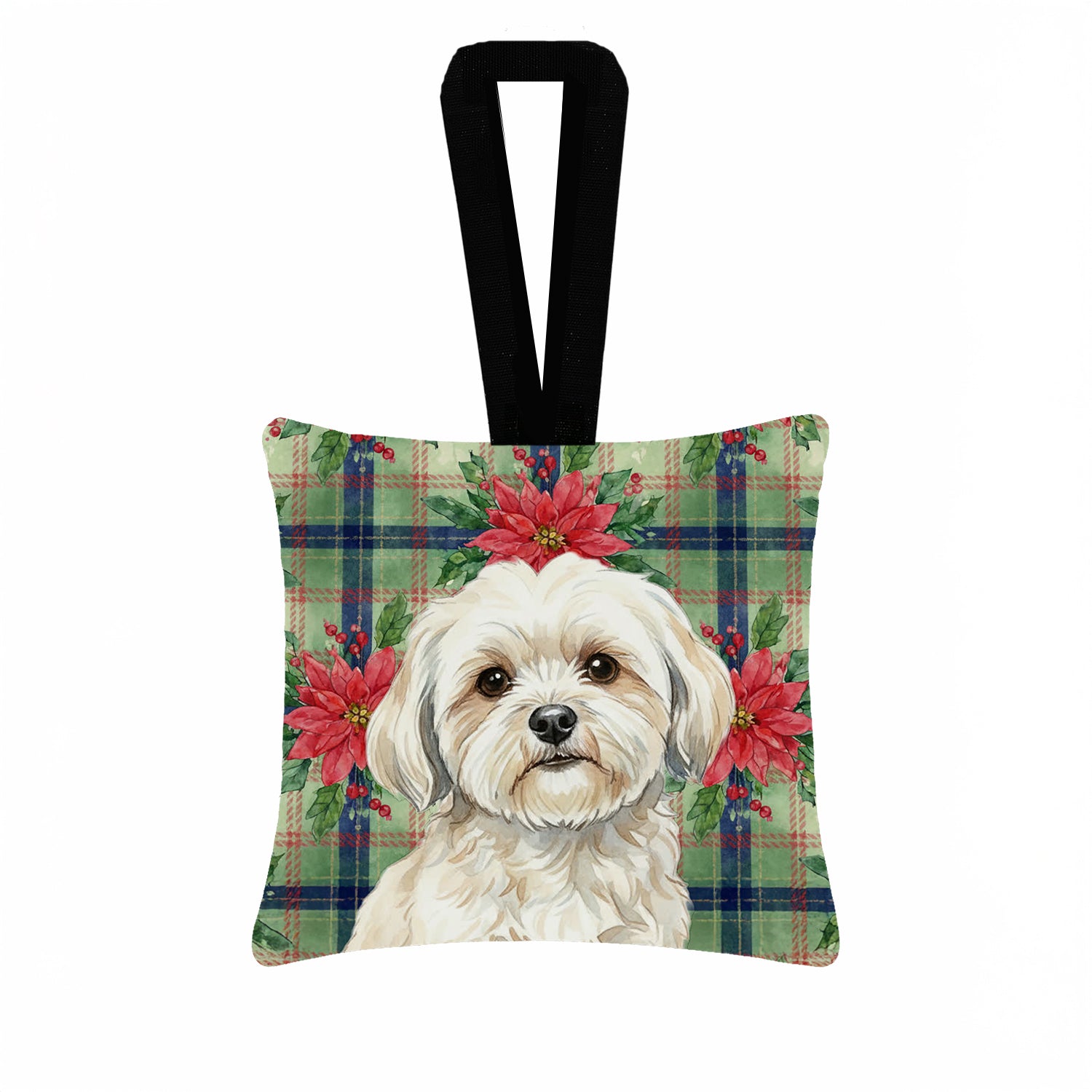 Caroline's Treasures White Lhasa Apso Christmas PoinsettIas Hanging Square Fabric Ornament 3.5 x 3.5