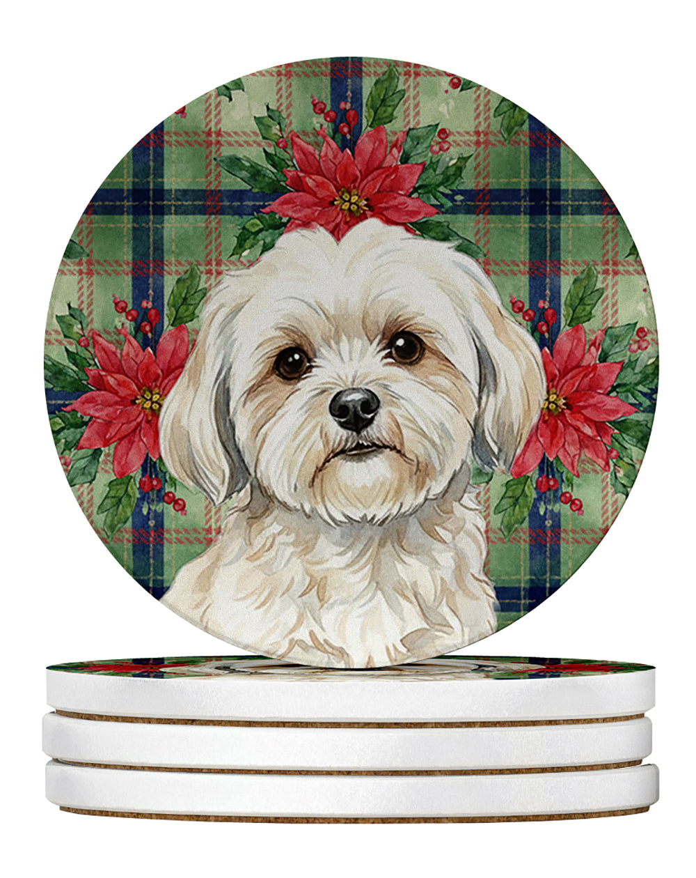 Caroline's Treasures White Lhasa Apso Christmas PoinsettIas Large Sandstone Coasters Pack of 4