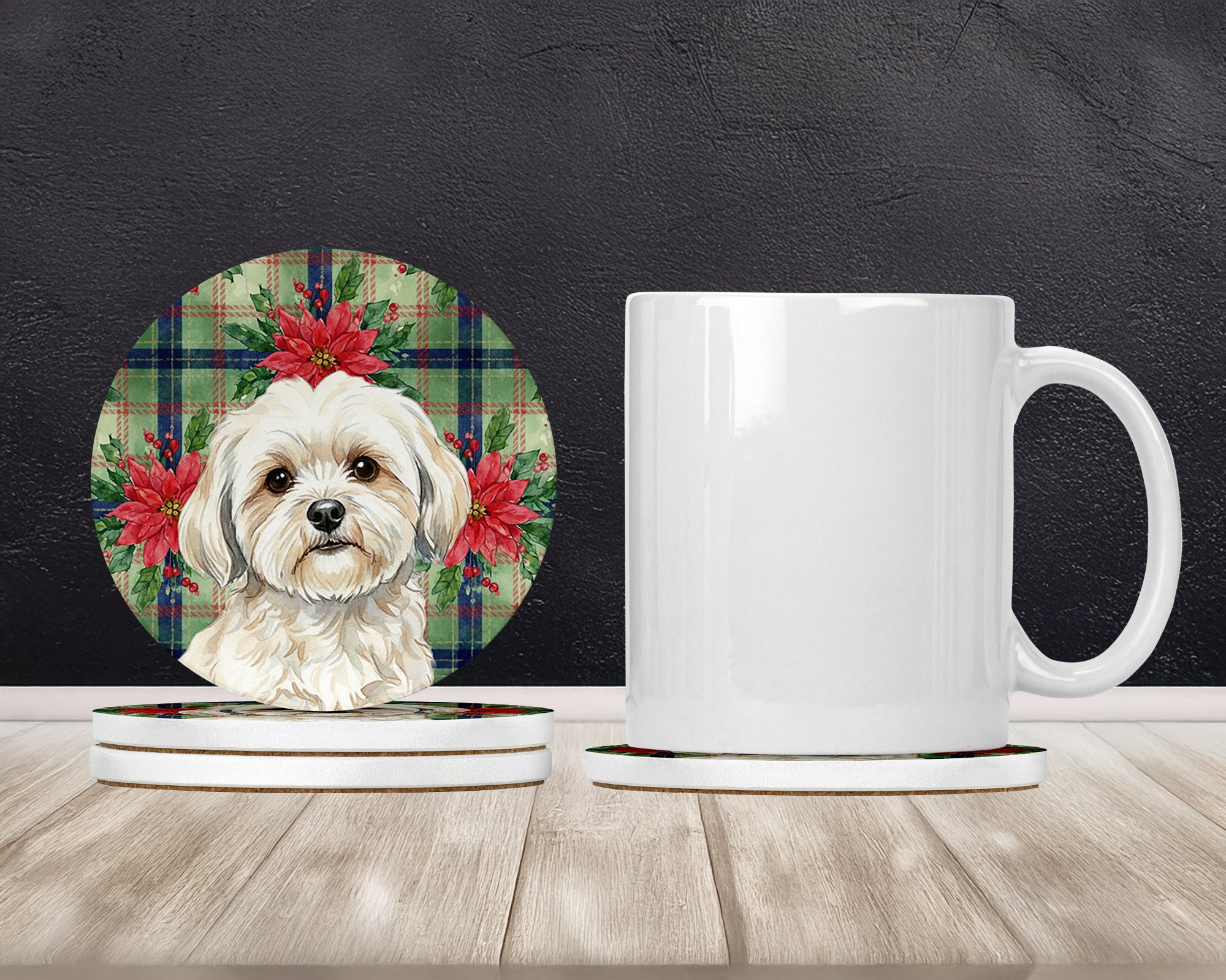 Caroline's Treasures White Lhasa Apso Christmas PoinsettIas Large Sandstone Coasters Pack of 4